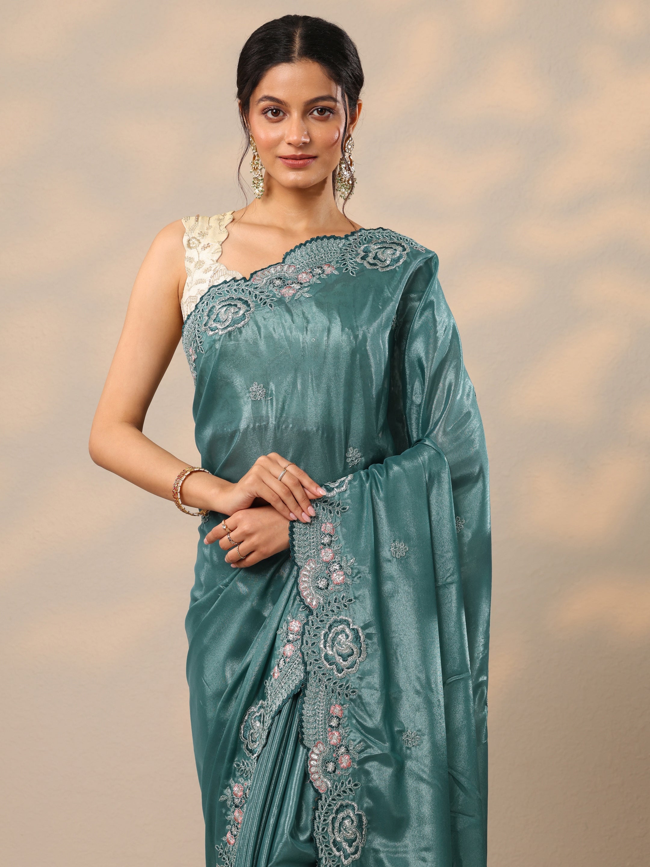 Blue Embroidered Silk Blend Sarees With Unstitched Blouse Piece