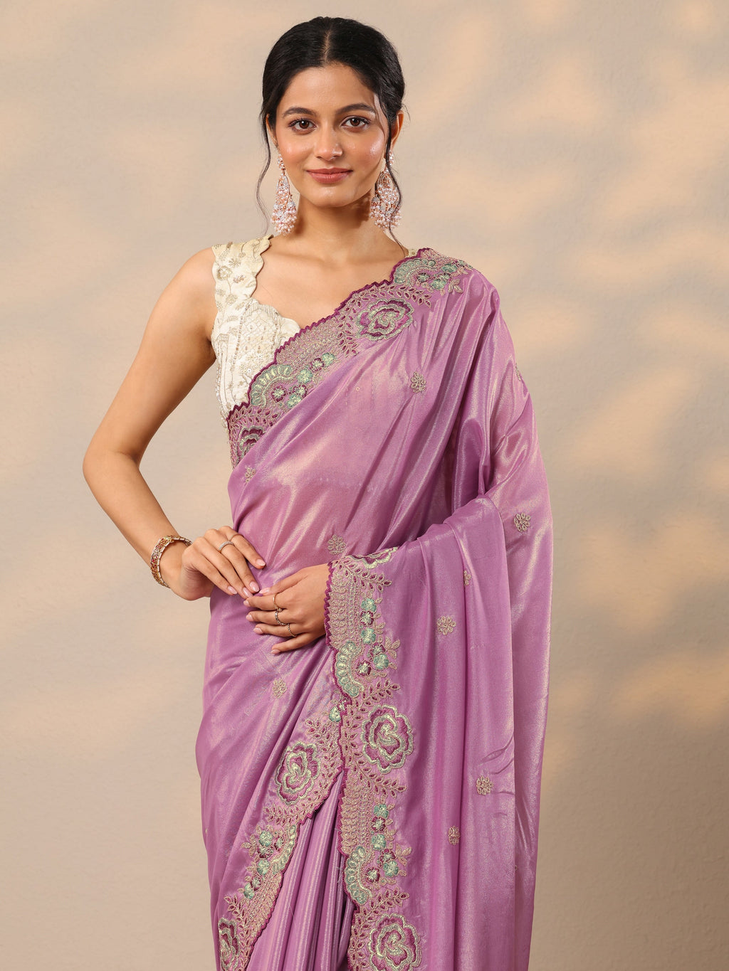 Mauve Embroidered Silk Blend Sarees With Unstitched Blouse Piece