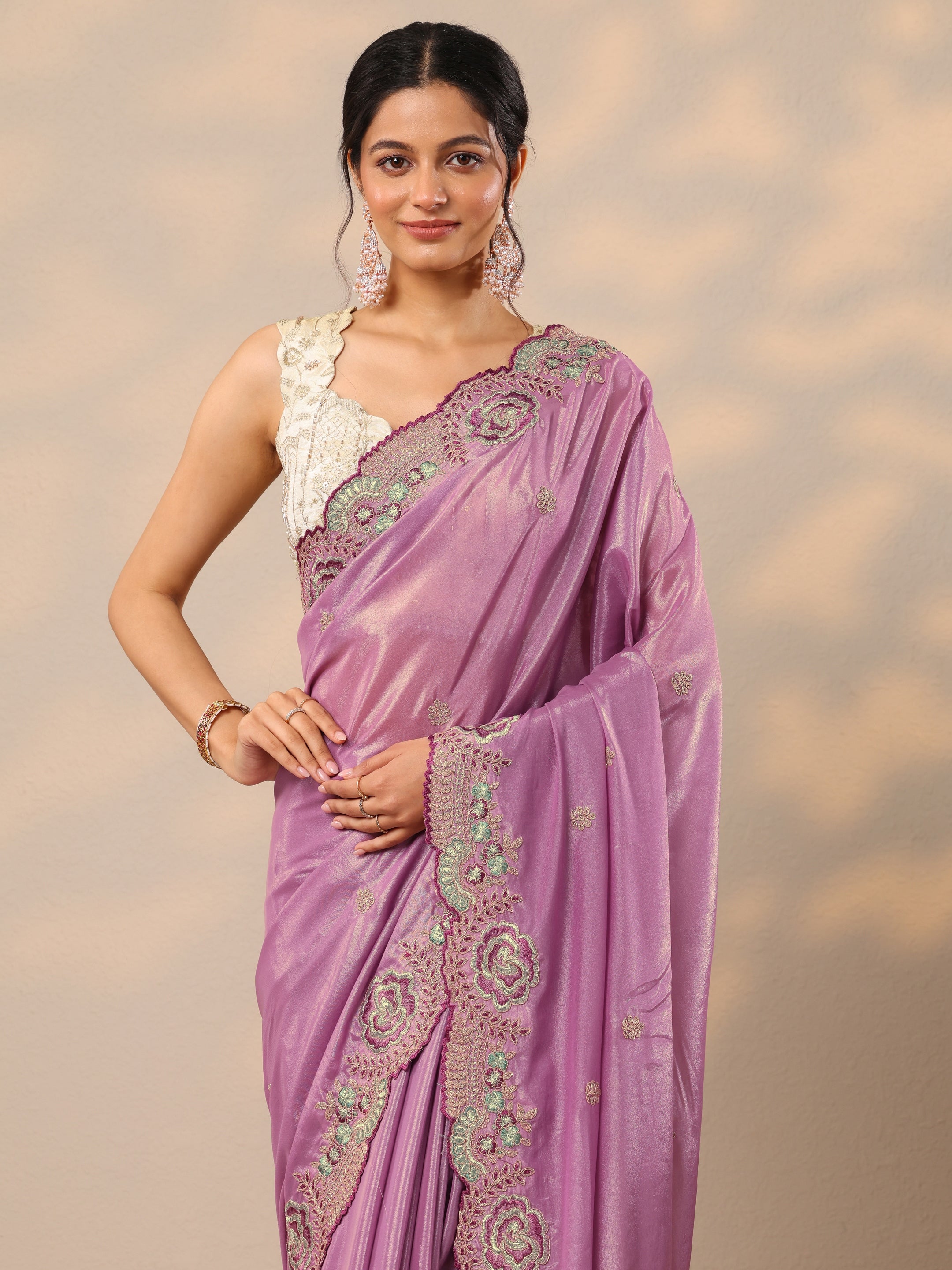 Mauve Embroidered Silk Blend Sarees With Unstitched Blouse Piece