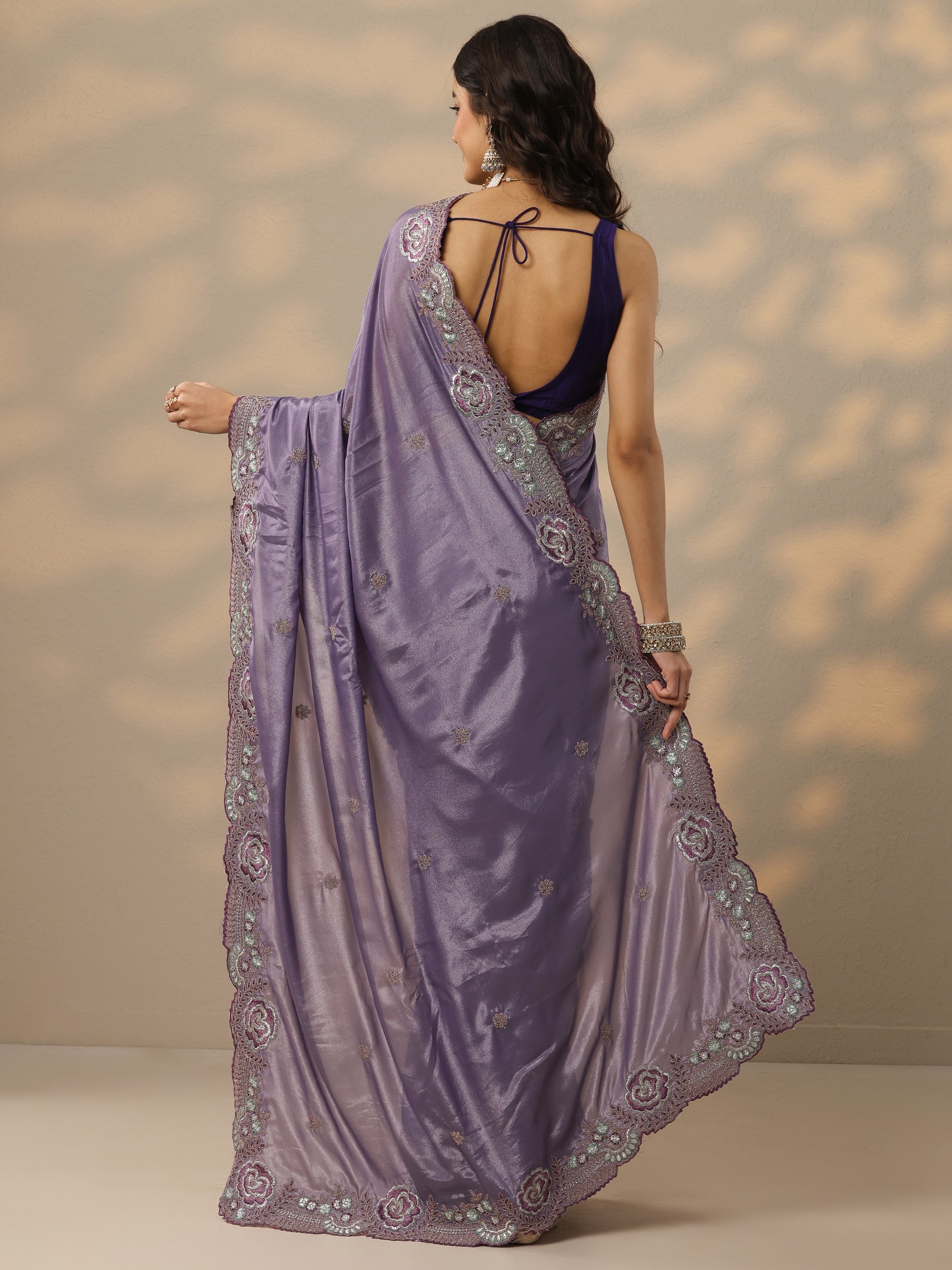 Lavender Embroidered Silk Blend Saree With Unstitched Blouse Piece