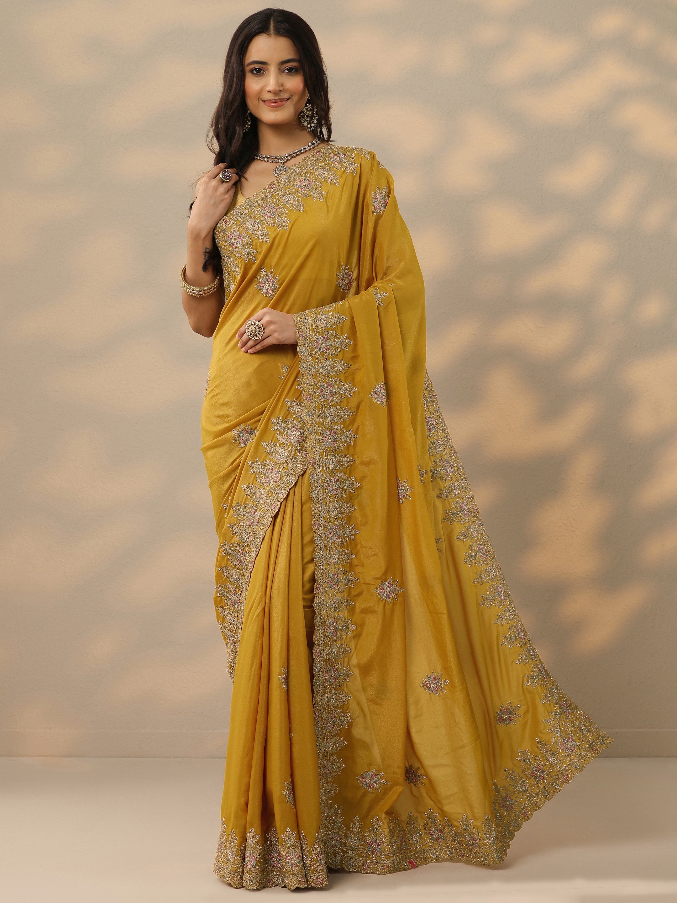 Mustard Embroidered Silk Blend Saree With Unstitched Blouse Piece