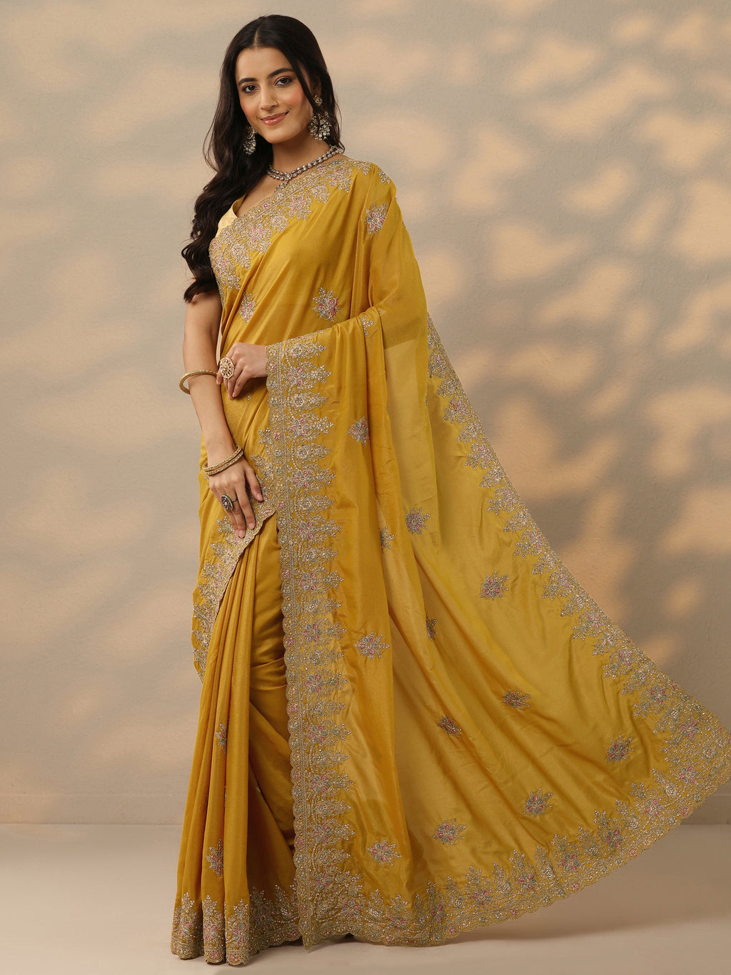 Mustard Embroidered Silk Blend Saree With Unstitched Blouse Piece