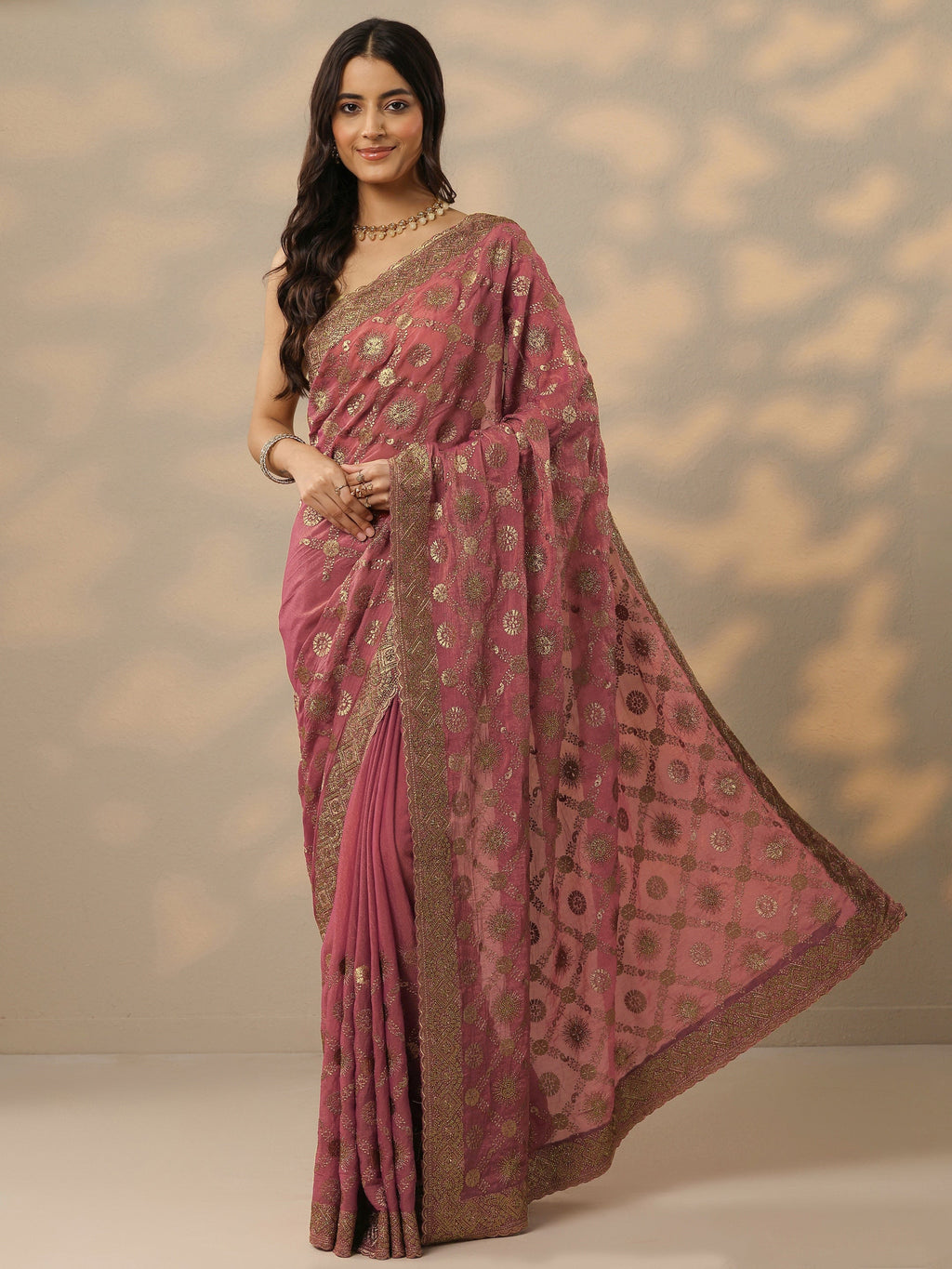 Pink Embroidered Banarasi Silk Blend Saree With Unstitched Blouse Piece