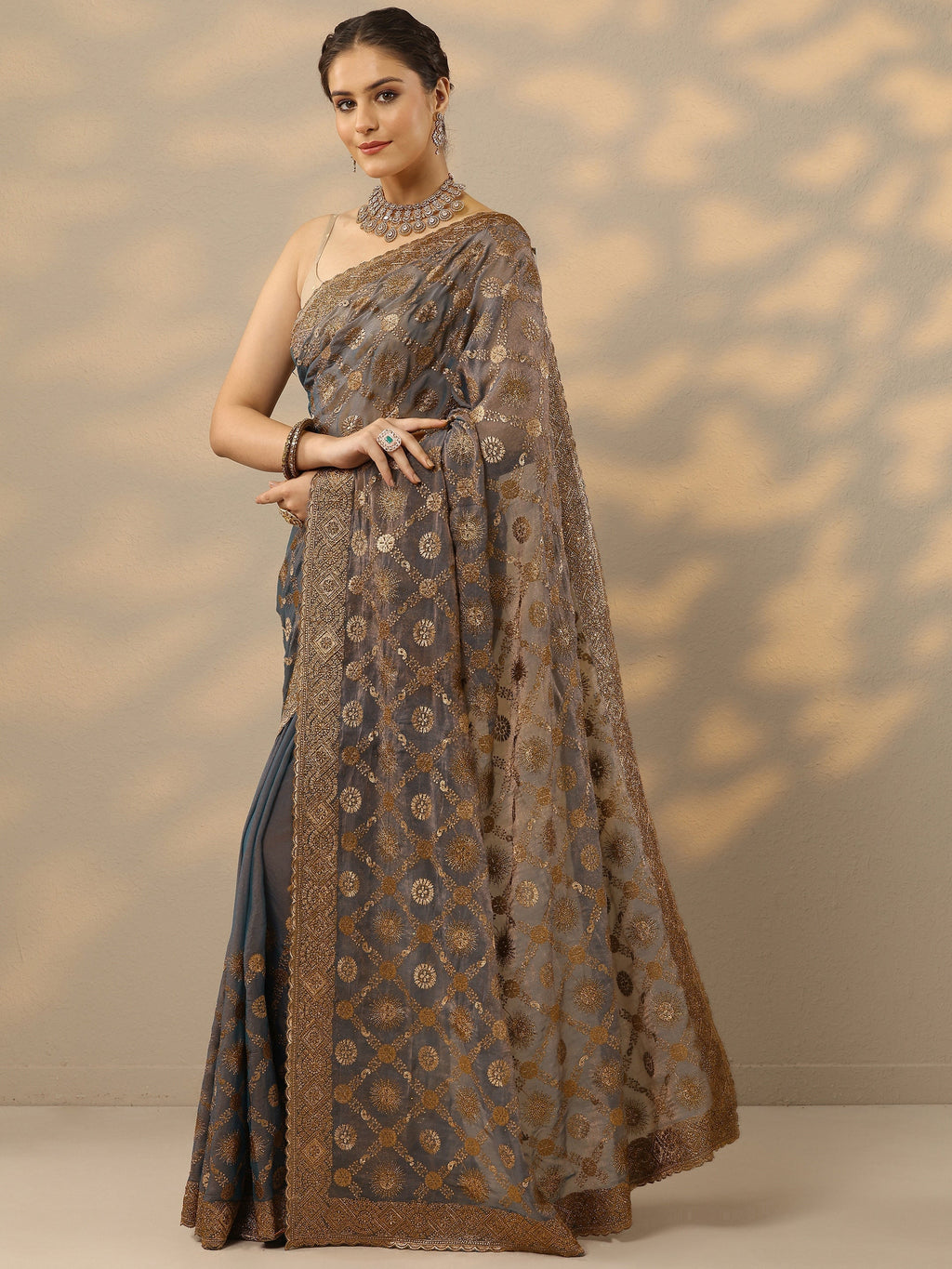 Blue Embroidered Banarasi Silk Blend Saree With Unstitched Blouse Piece