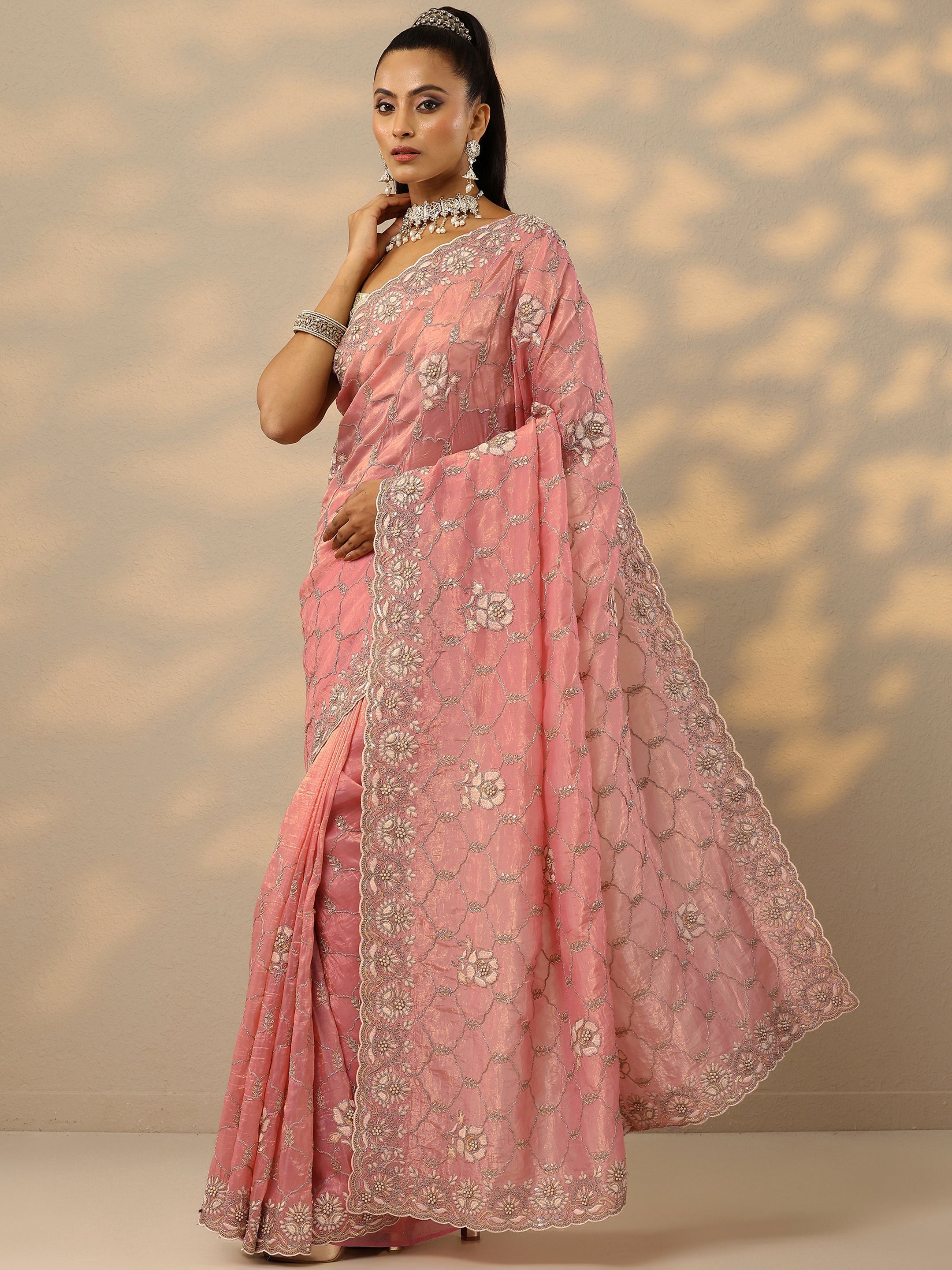 Peach Embroidered Organza Saree With Unstitched Blouse Piece