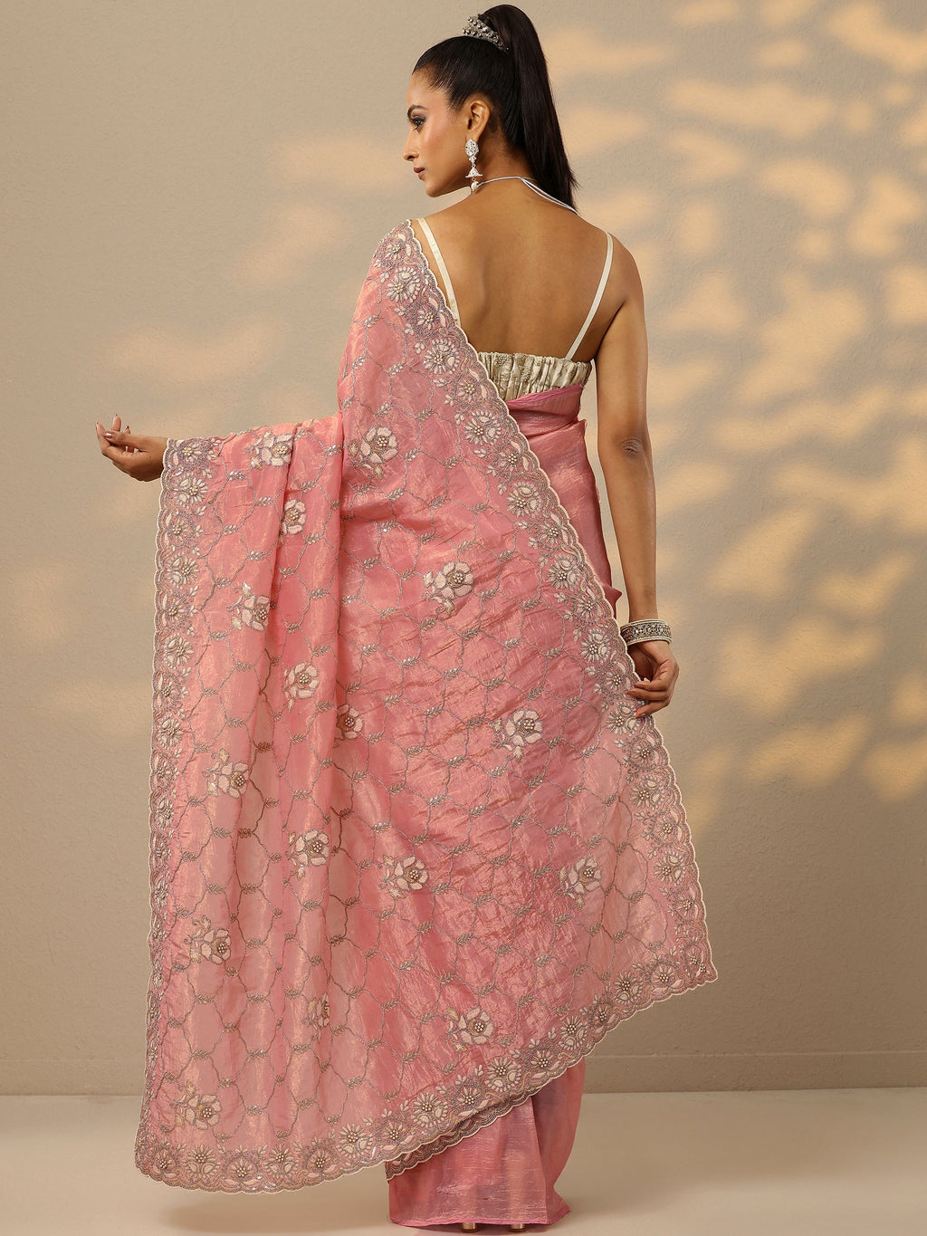 Peach Embroidered Organza Saree With Unstitched Blouse Piece