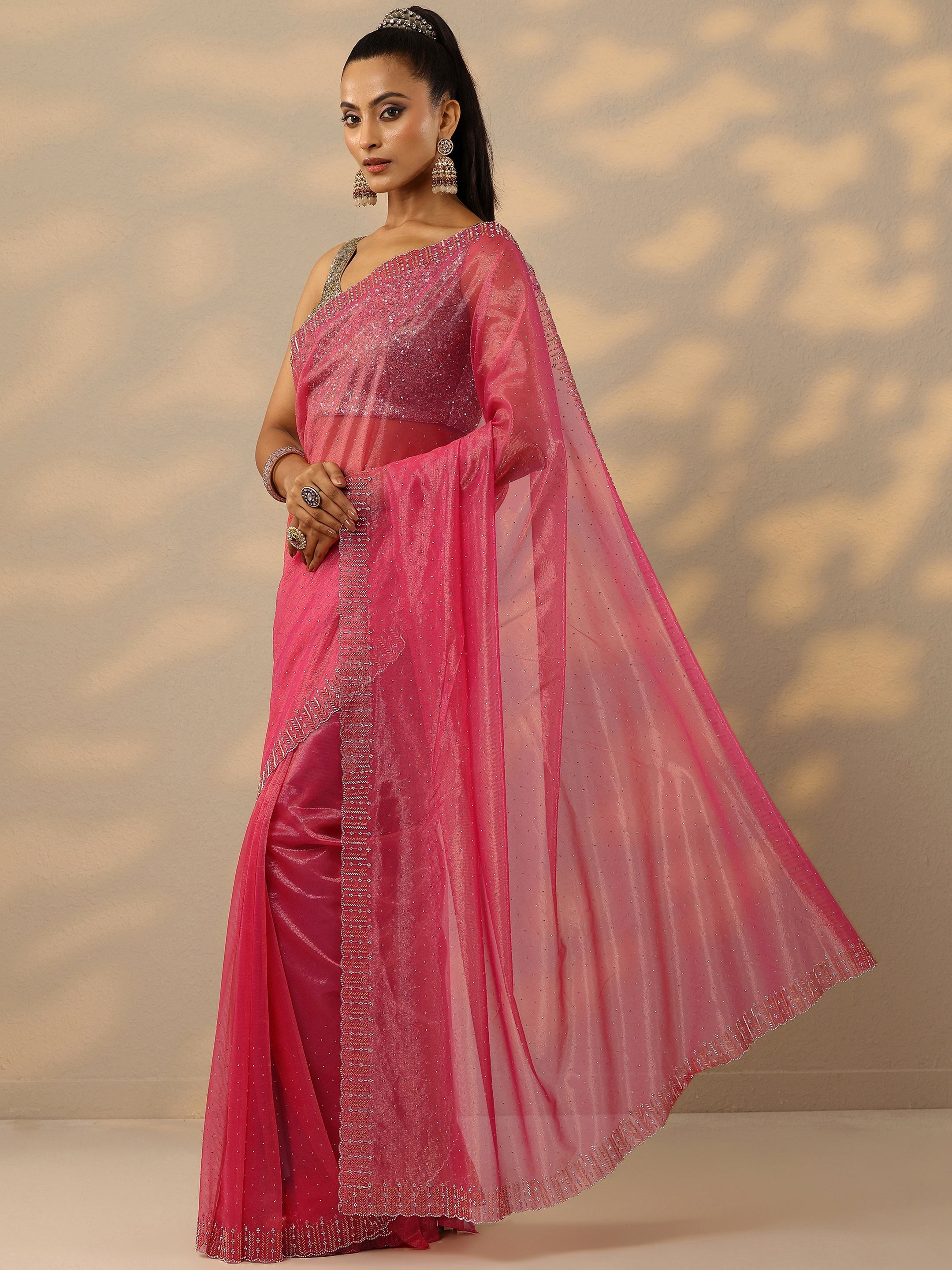 Pink Embellished Nylon Saree With Unstitched Blouse Piece