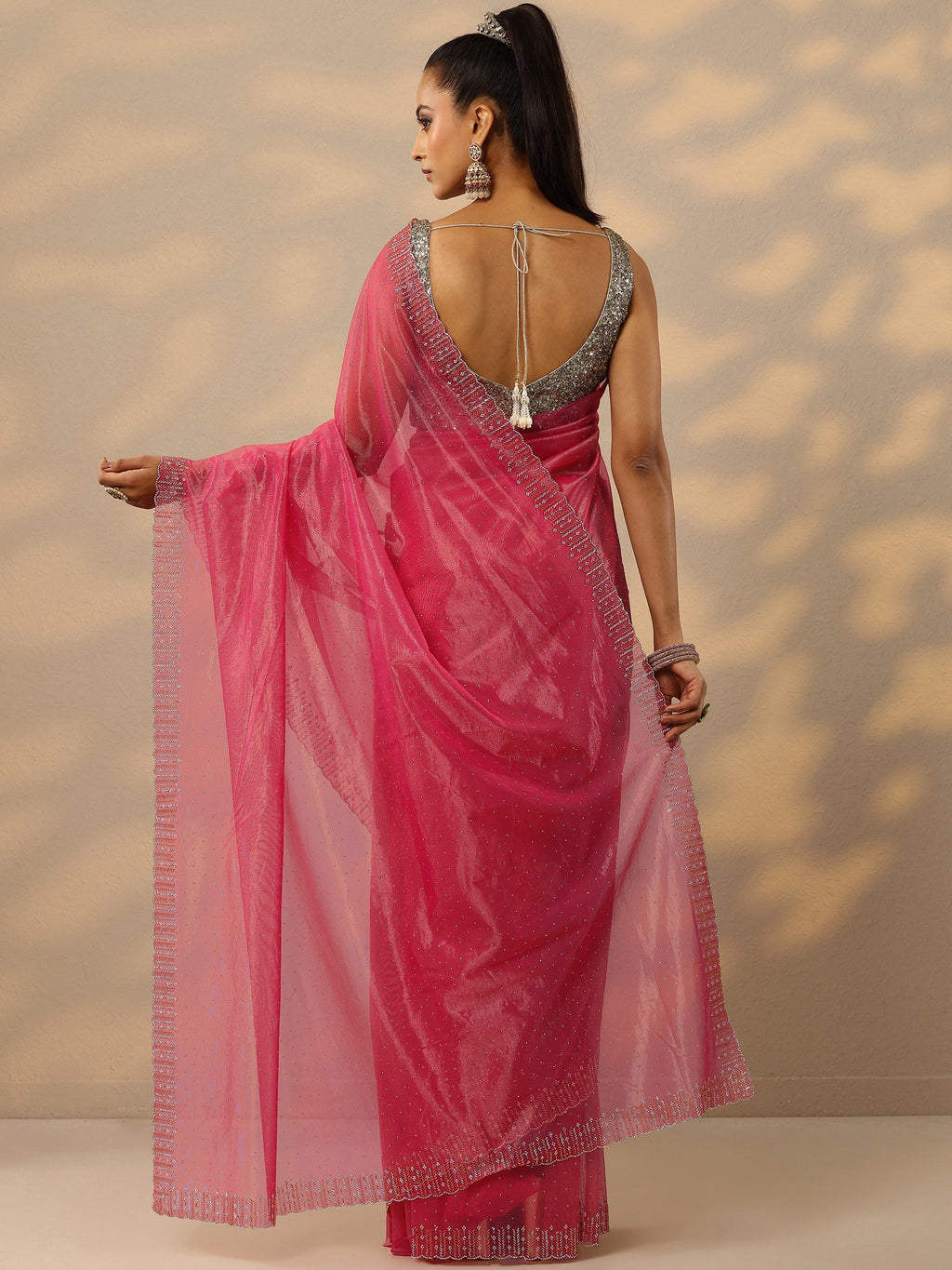 Pink Embellished Nylon Saree With Unstitched Blouse Piece