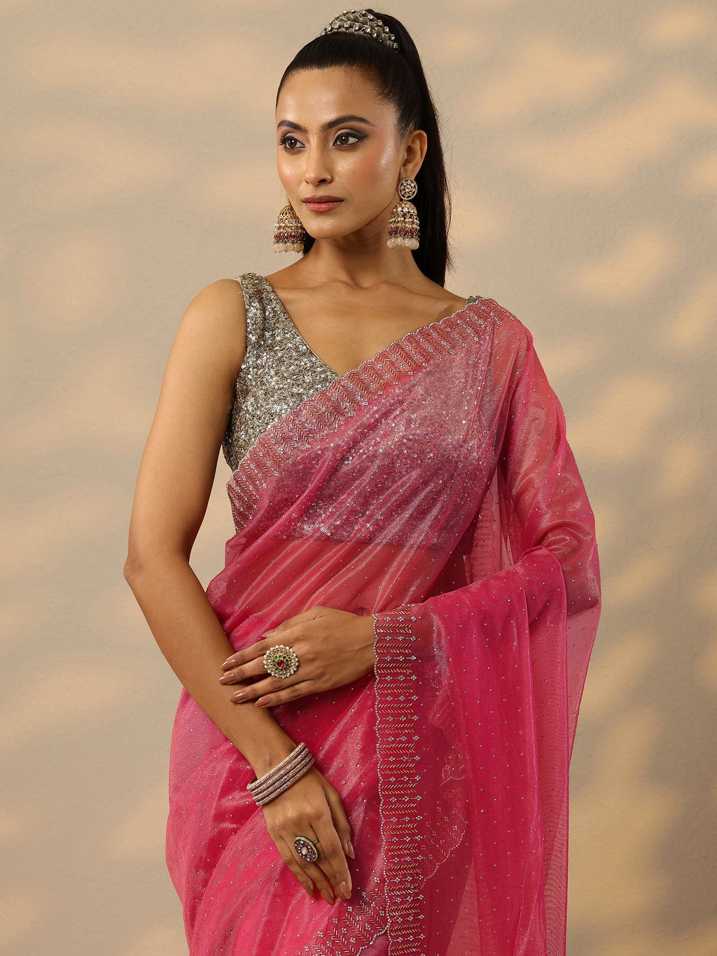 Pink Embellished Nylon Saree With Unstitched Blouse Piece