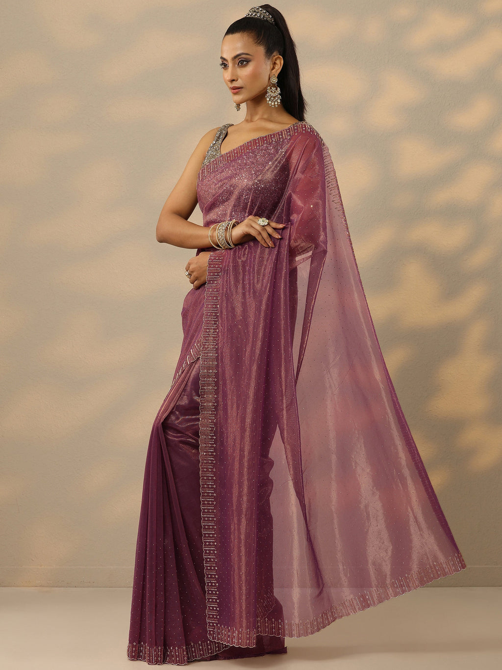 Mauve Embellished Nylon Saree With Unstitched Blouse Piece