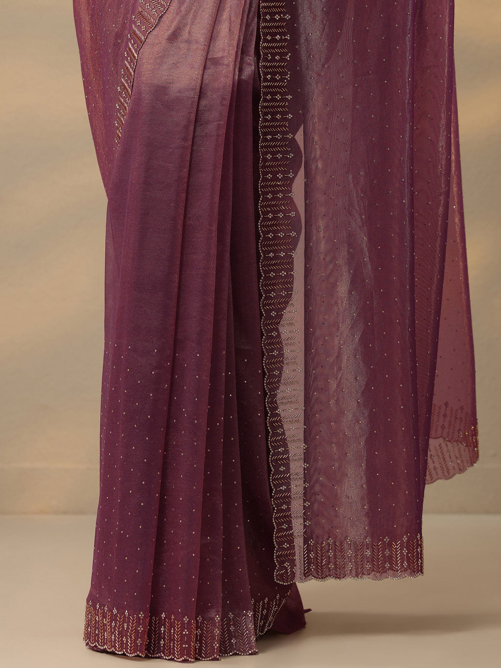 Mauve Embellished Nylon Saree With Unstitched Blouse Piece