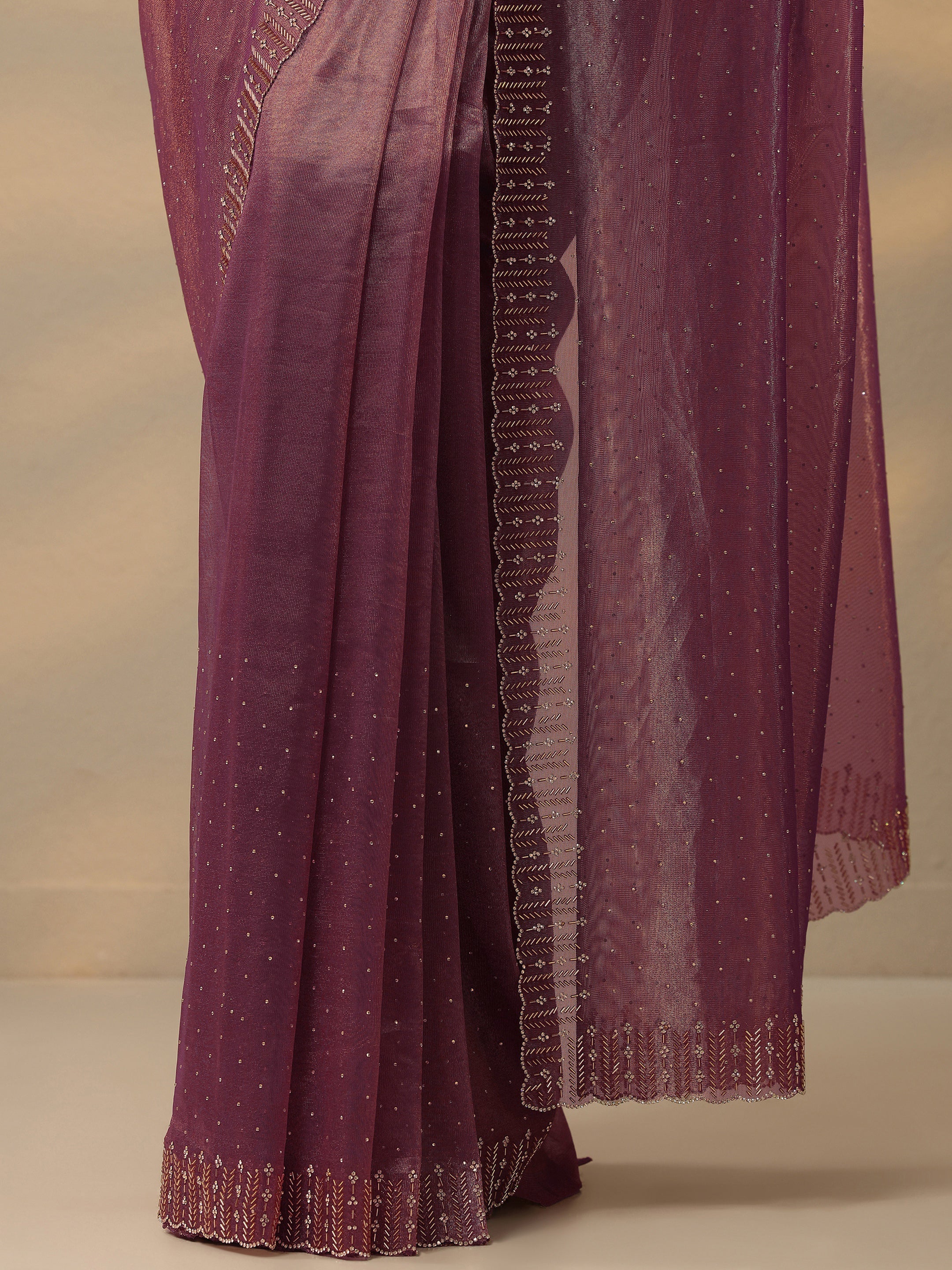 Mauve Embellished Nylon Saree With Unstitched Blouse Piece