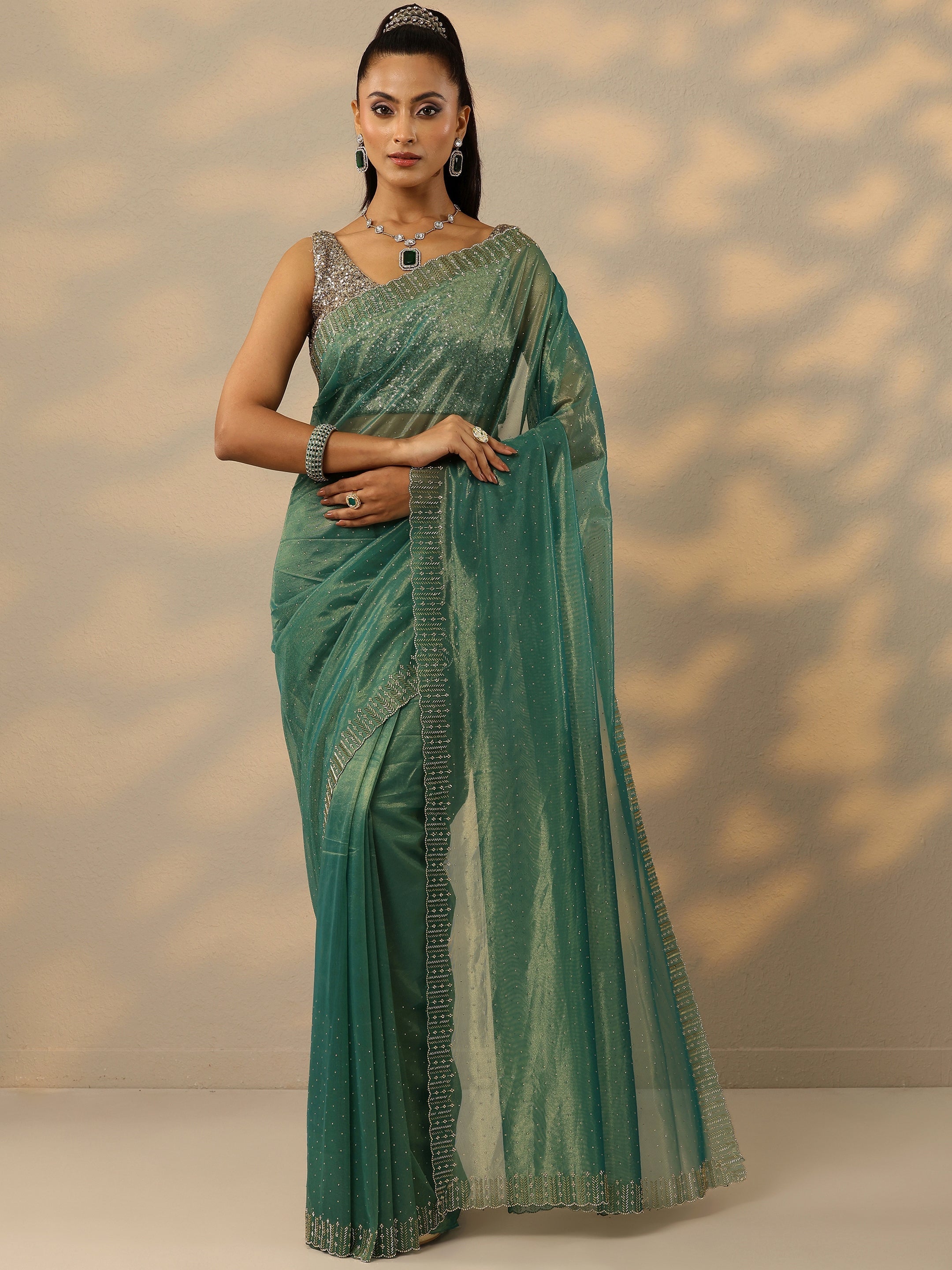 Green Embellished Nylon Saree With Unstitched Blouse Piece