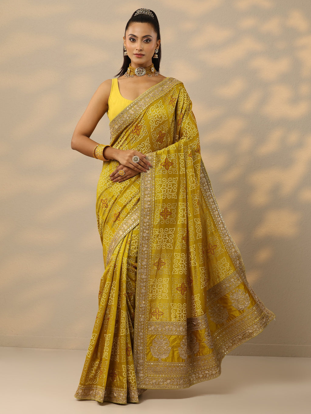 Mustard Printed Banarasi Silk Blend Saree With Unstitched Blouse Piece