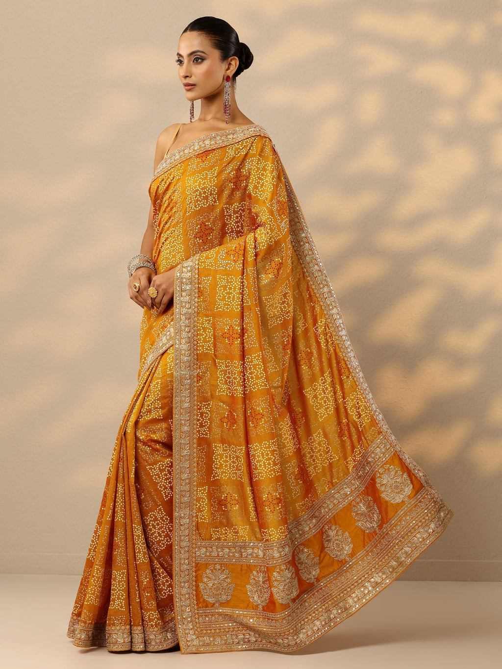 Mustard Bandhani  Printed Silk Blend Saree With Unstitched Blouse Piece
