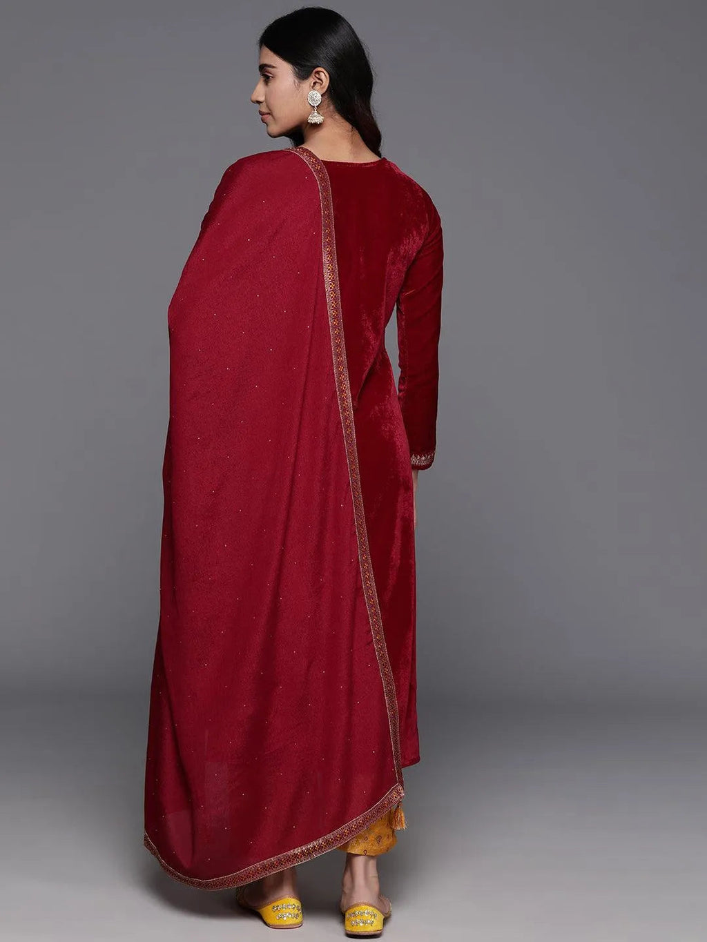 Maroon Yoke Design Velvet Straight Suit With Dupatta