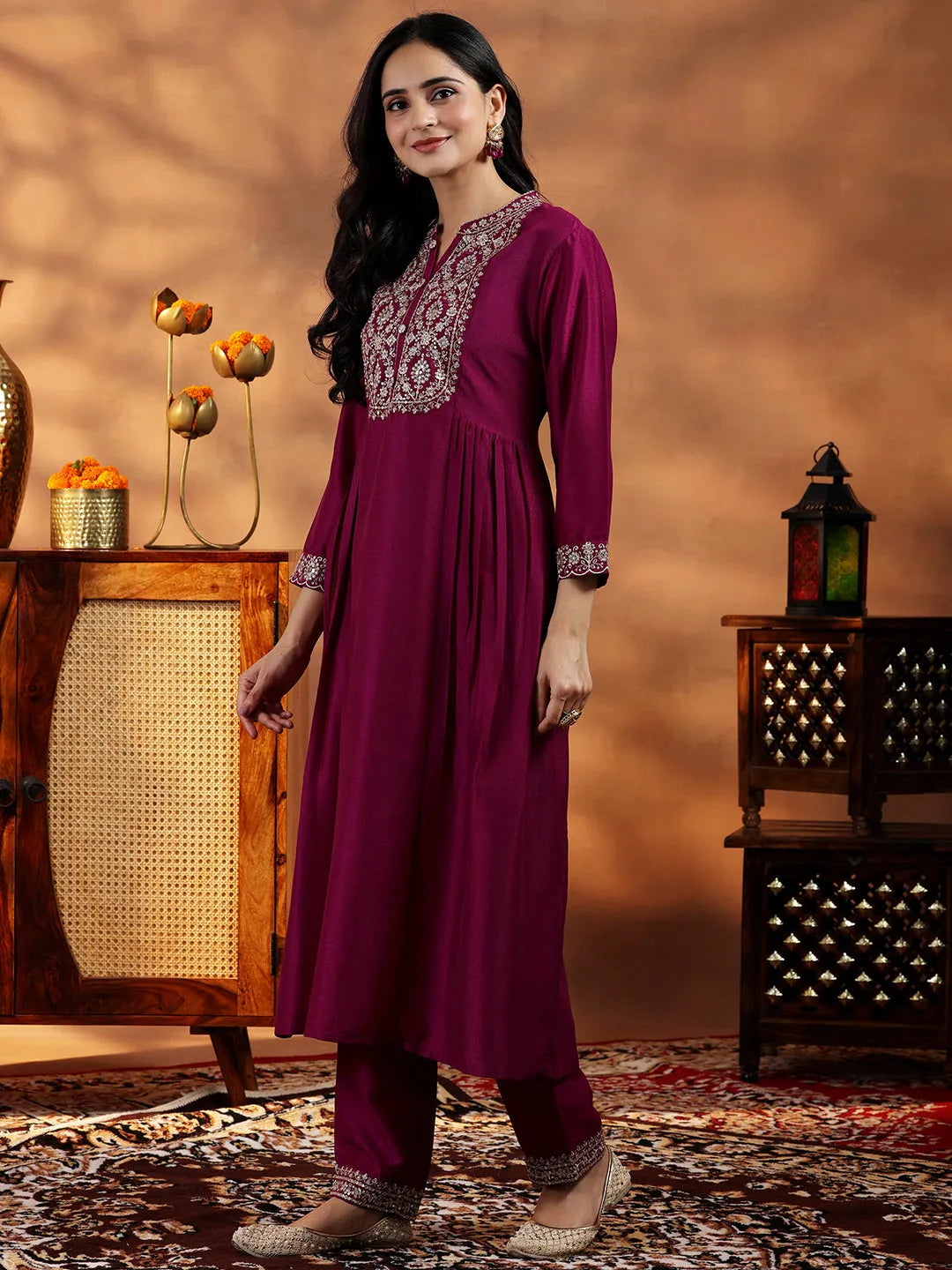 Maroon Yoke Design Silk Blend A-Line Kurta With Palazzos & Dupatta