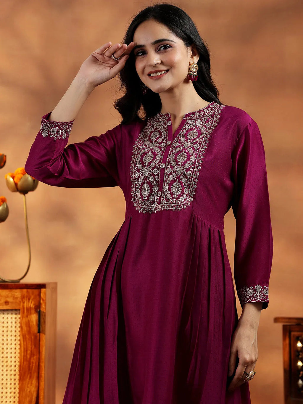 Maroon Yoke Design Silk Blend A-Line Kurta With Palazzos & Dupatta