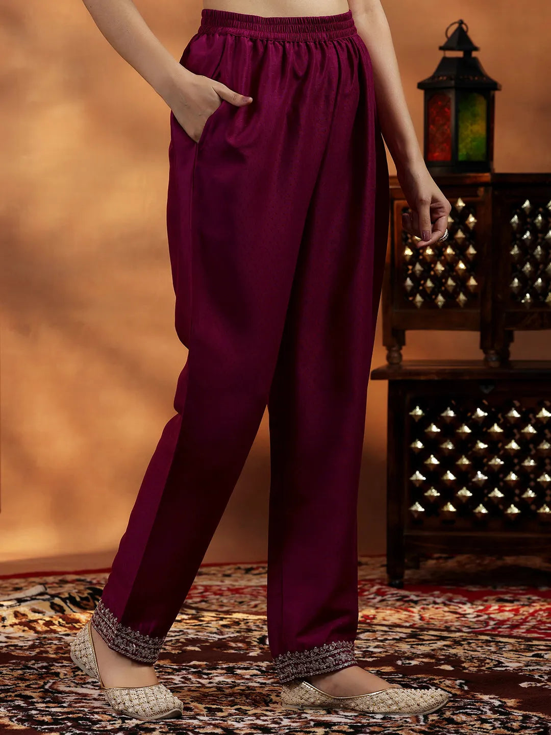 Maroon Yoke Design Silk Blend A-Line Kurta With Palazzos & Dupatta