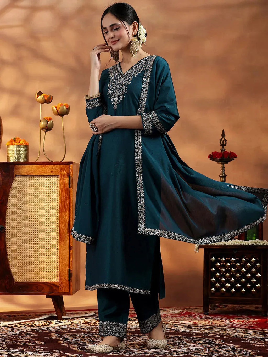 Navy Blue Yoke Design Silk Blend Straight Suit With Dupatta
