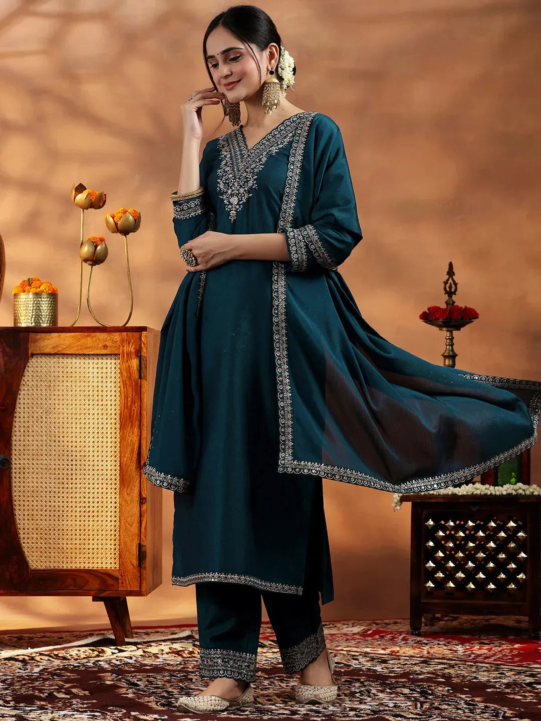 Navy Blue Yoke Design Silk Blend Straight Suit With Dupatta