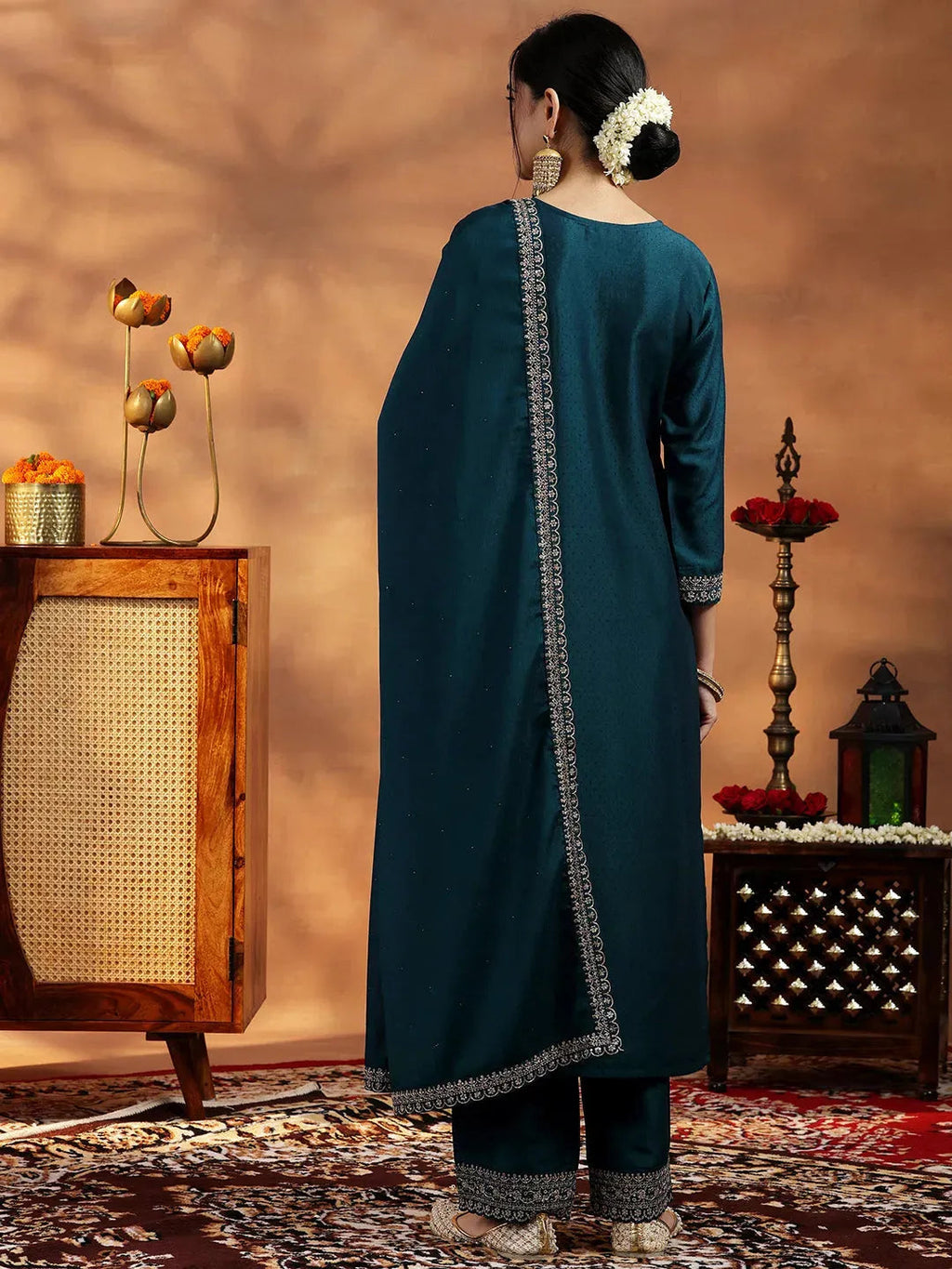 Navy Blue Yoke Design Silk Blend Straight Suit With Dupatta