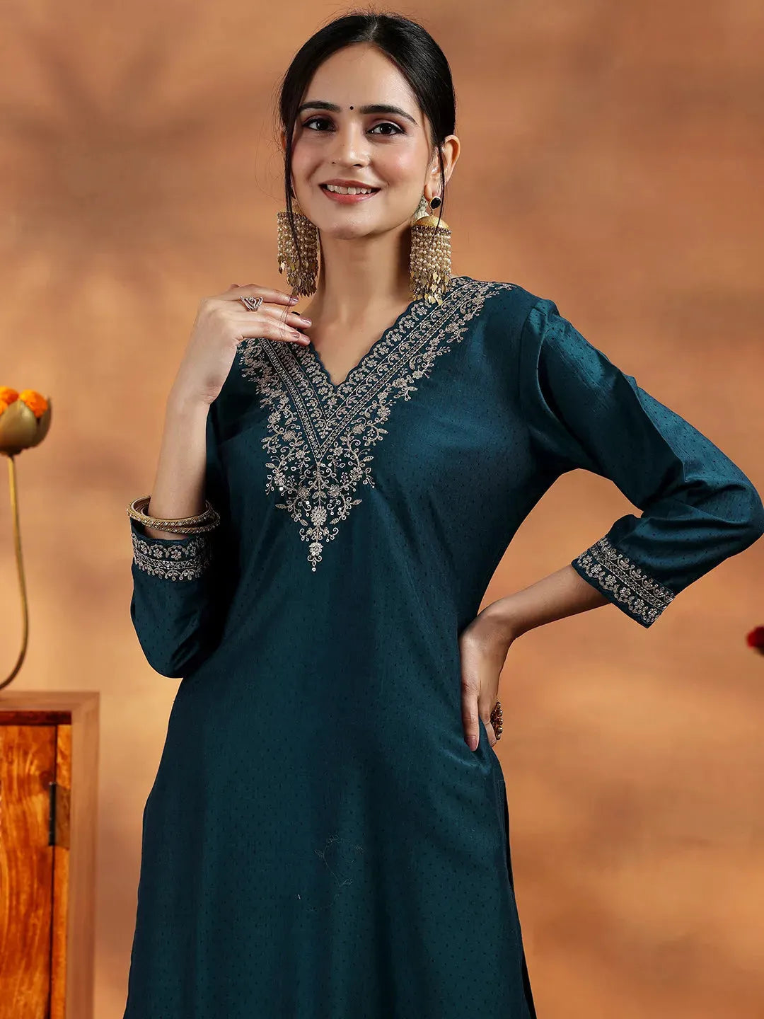 Navy Blue Yoke Design Silk Blend Straight Suit With Dupatta