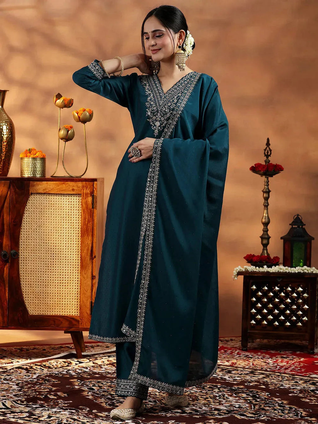 Navy Blue Yoke Design Silk Blend Straight Suit With Dupatta