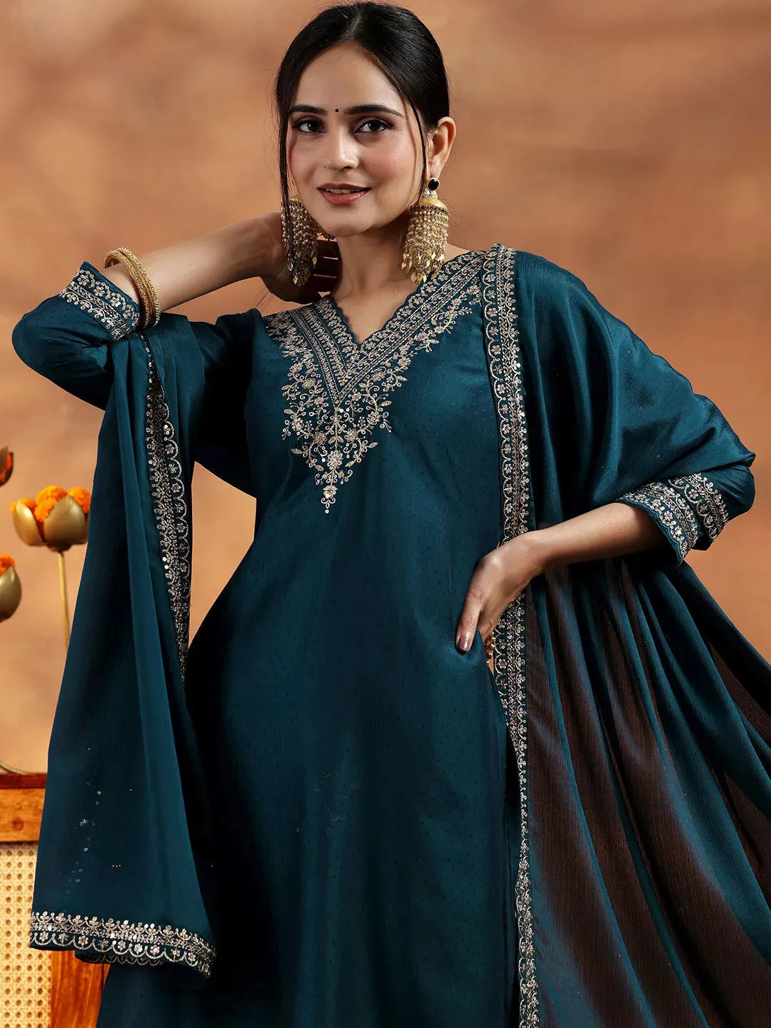 Navy Blue Yoke Design Silk Blend Straight Suit With Dupatta