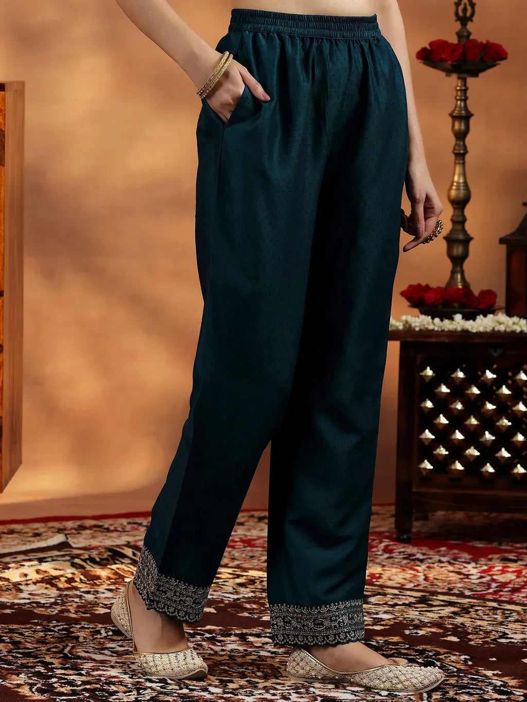 Navy Blue Yoke Design Silk Blend Straight Suit With Dupatta