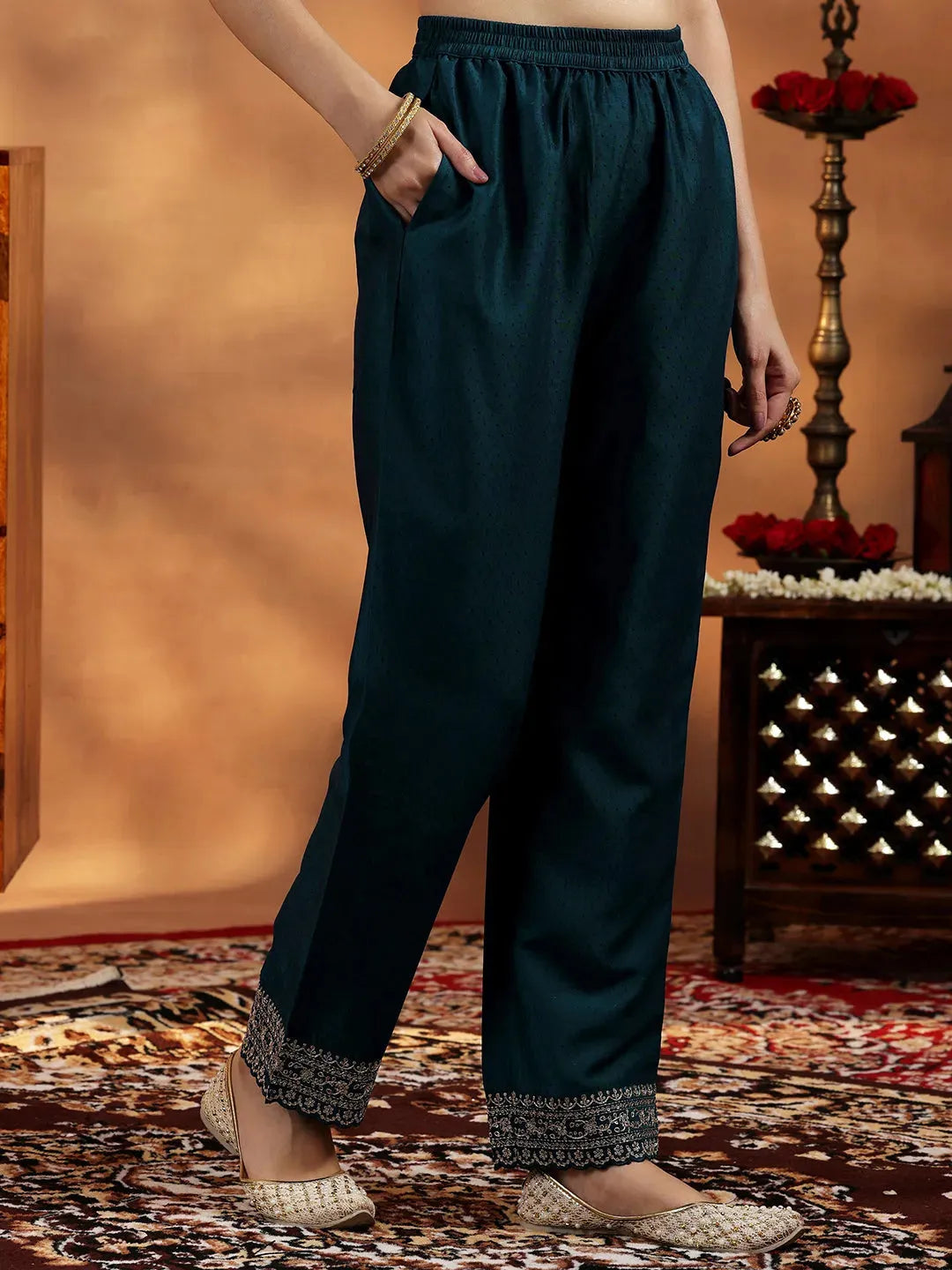 Navy Blue Yoke Design Silk Blend Straight Suit With Dupatta