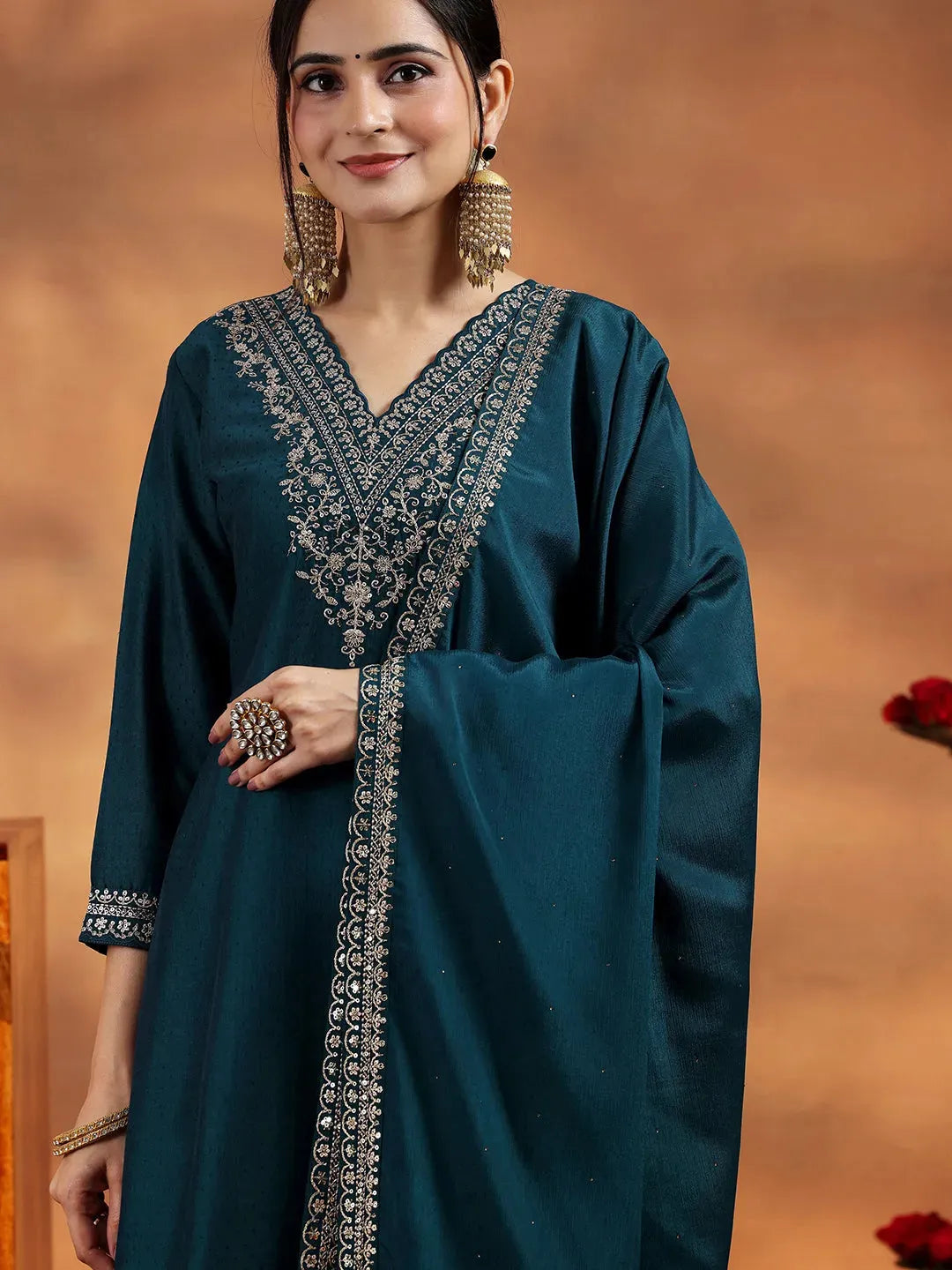 Navy Blue Yoke Design Silk Blend Straight Suit With Dupatta