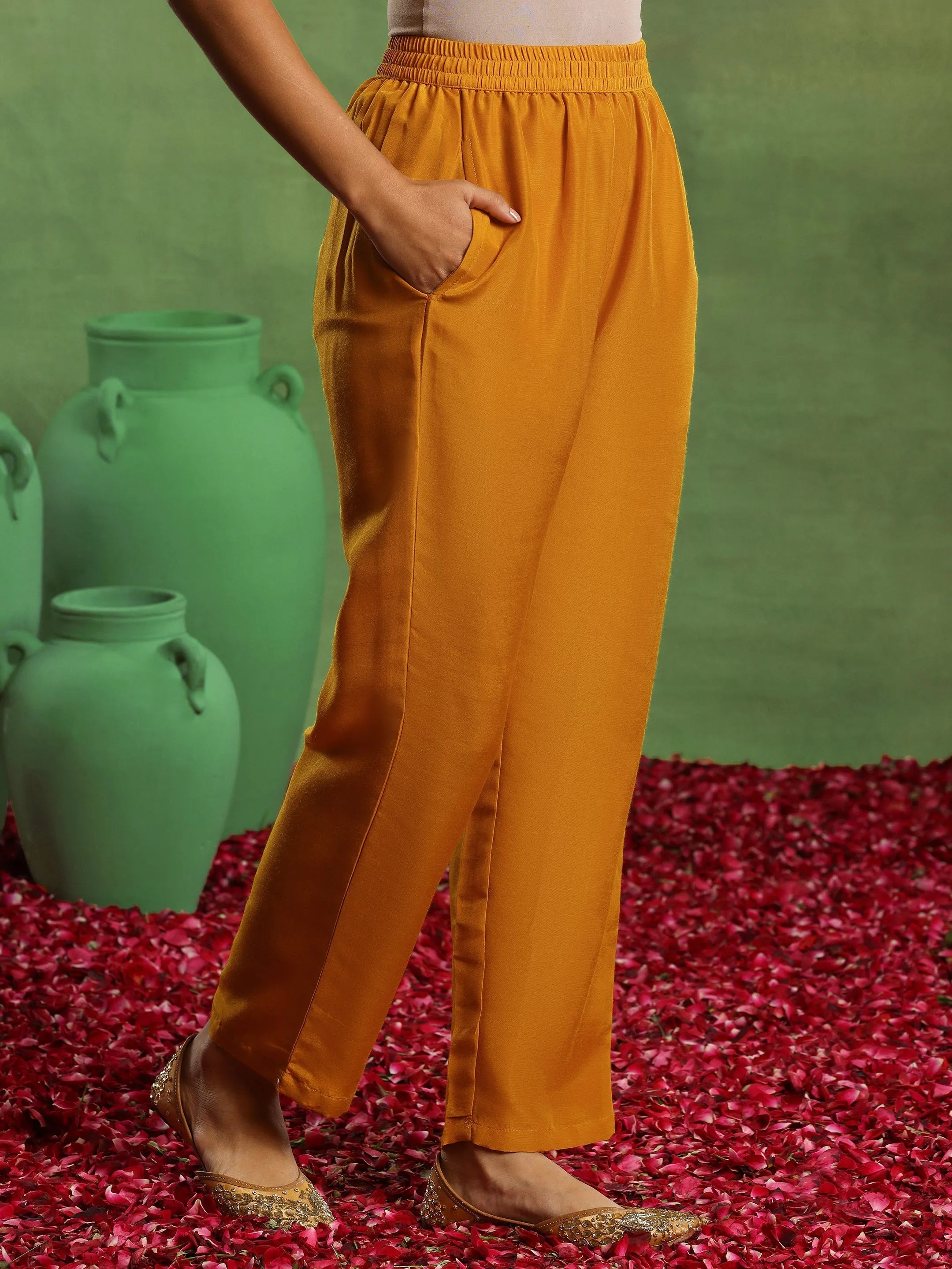 Mustard Woven Design Silk Blend Straight Suit With Dupatta