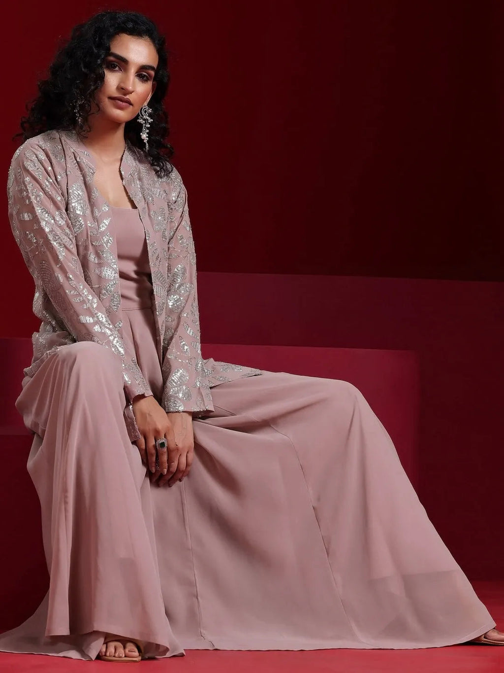 Libas Art Dusty Pink Georgette Solid 3 Piece Co-Ords