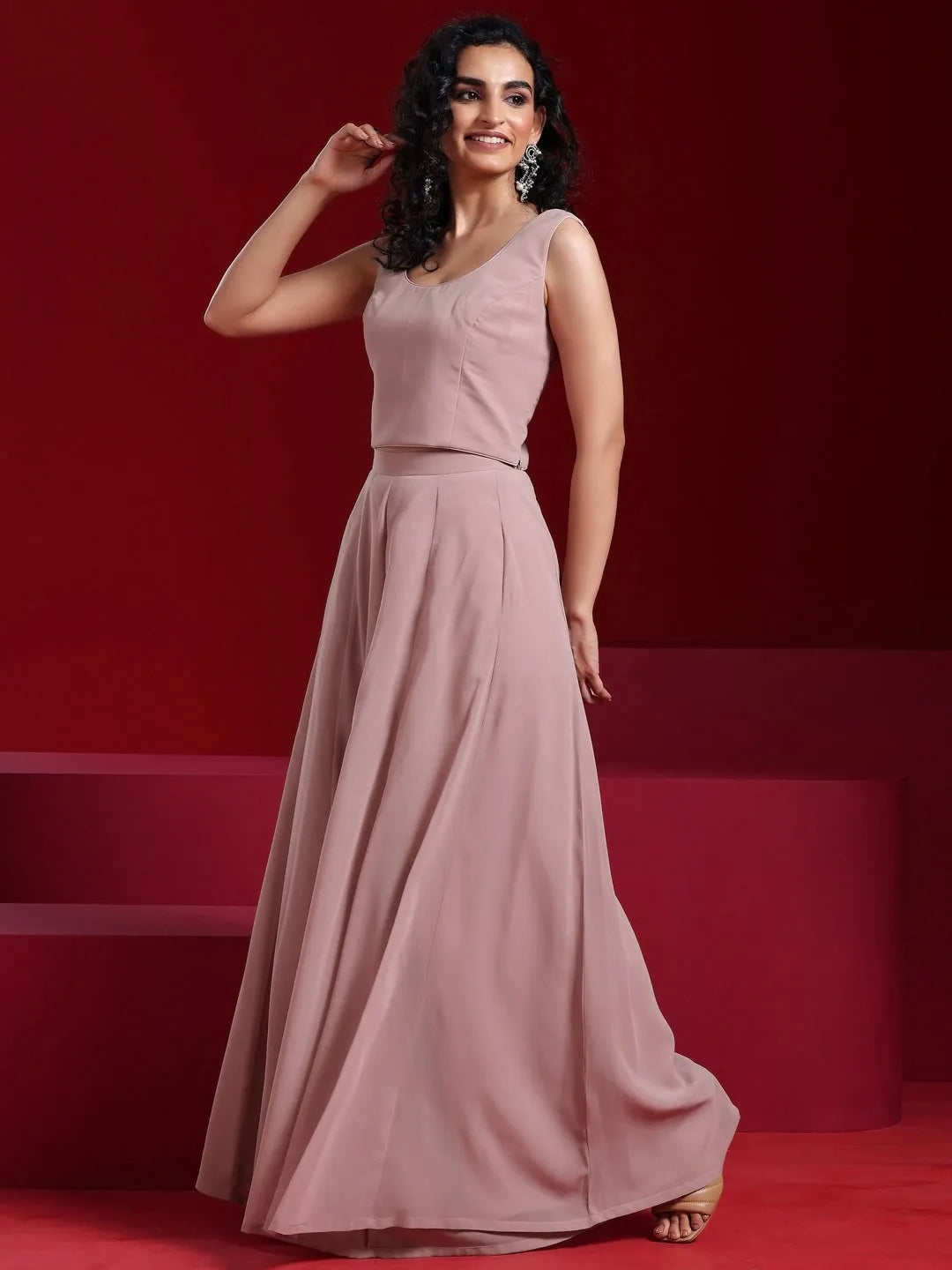 Libas Art Dusty Pink Georgette Solid 3 Piece Co-Ords