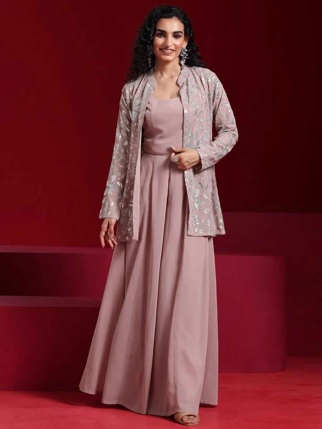 Libas Art Dusty Pink Georgette Solid 3 Piece Co-Ords