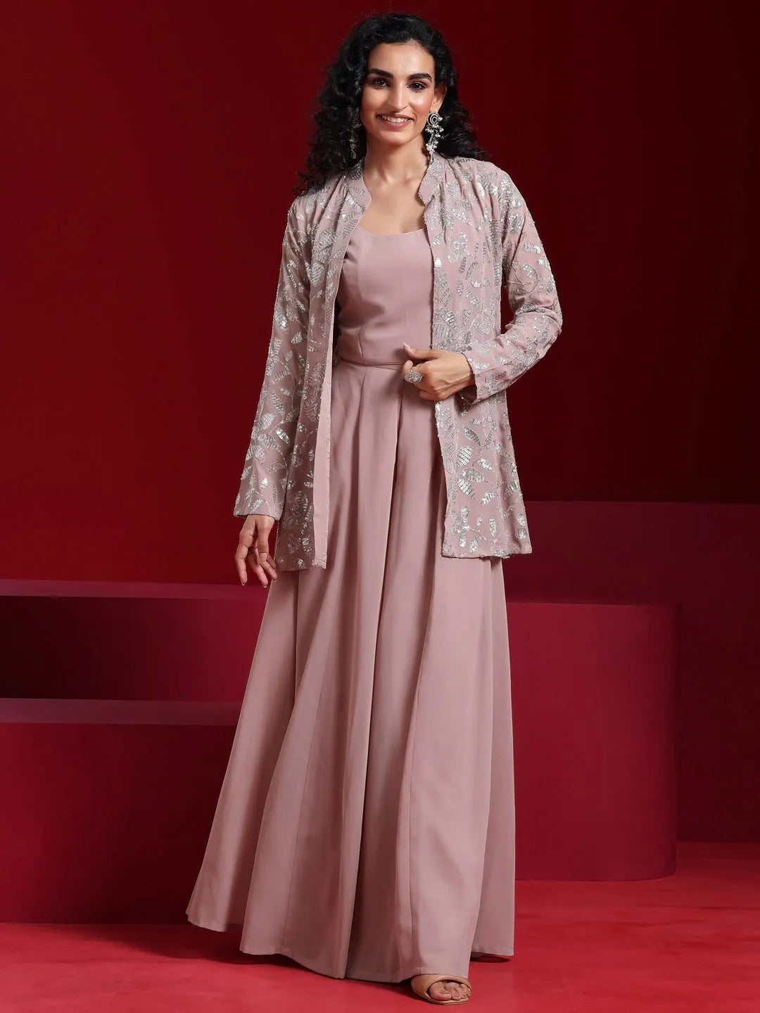 Libas Art Dusty Pink Georgette Solid 3 Piece Co-Ords