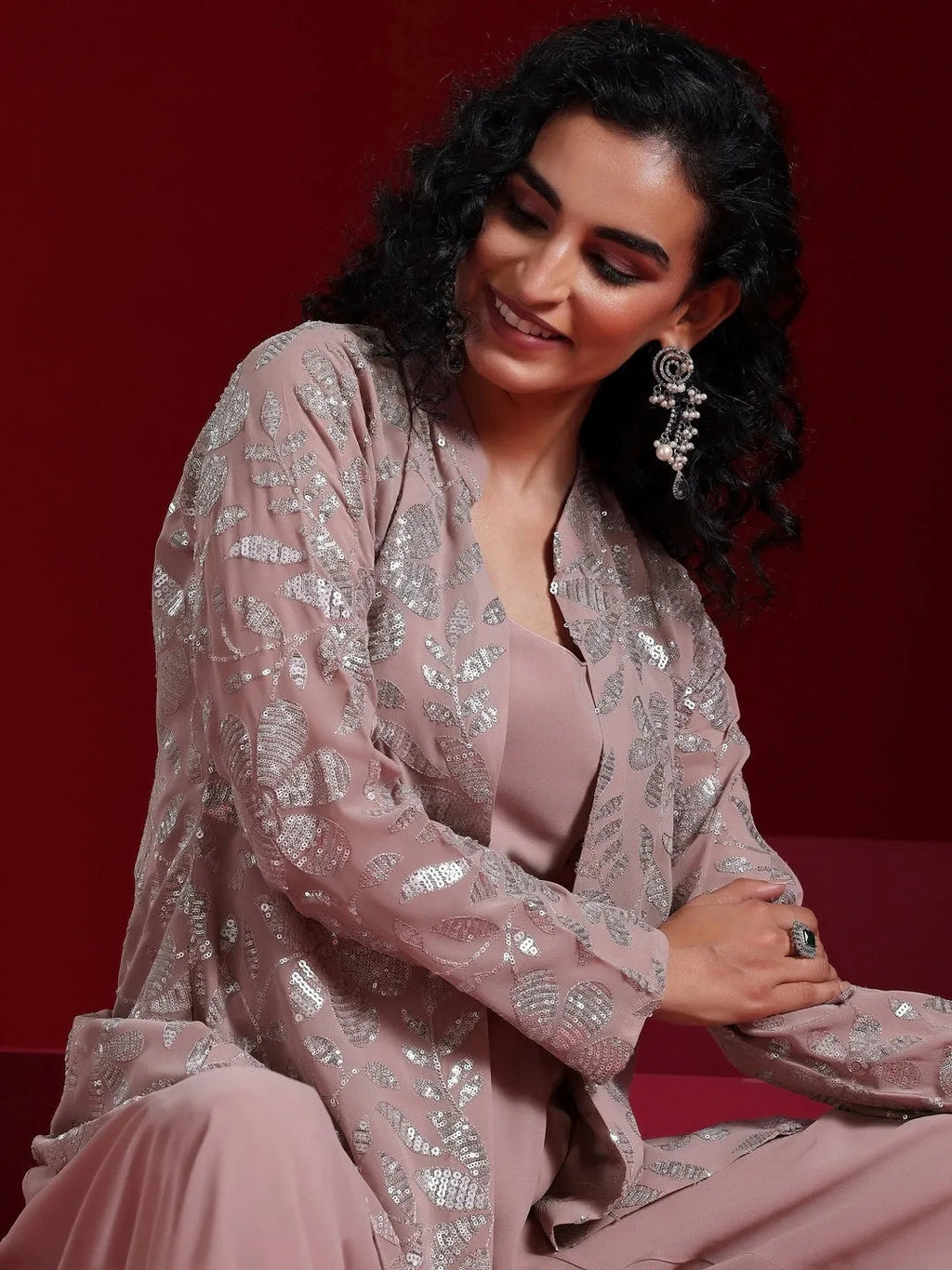 Libas Art Dusty Pink Georgette Solid 3 Piece Co-Ords