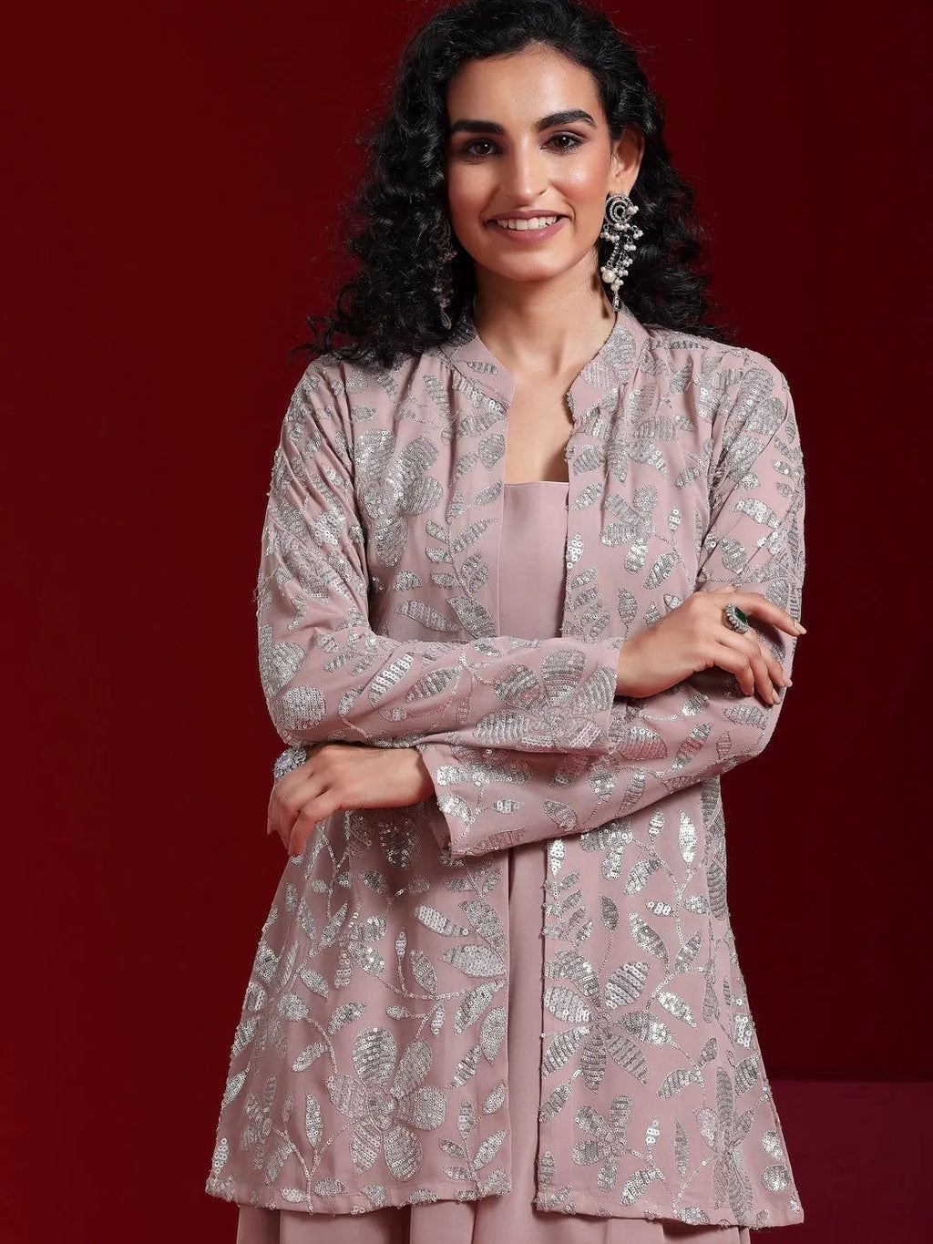 Libas Art Dusty Pink Georgette Solid 3 Piece Co-Ords