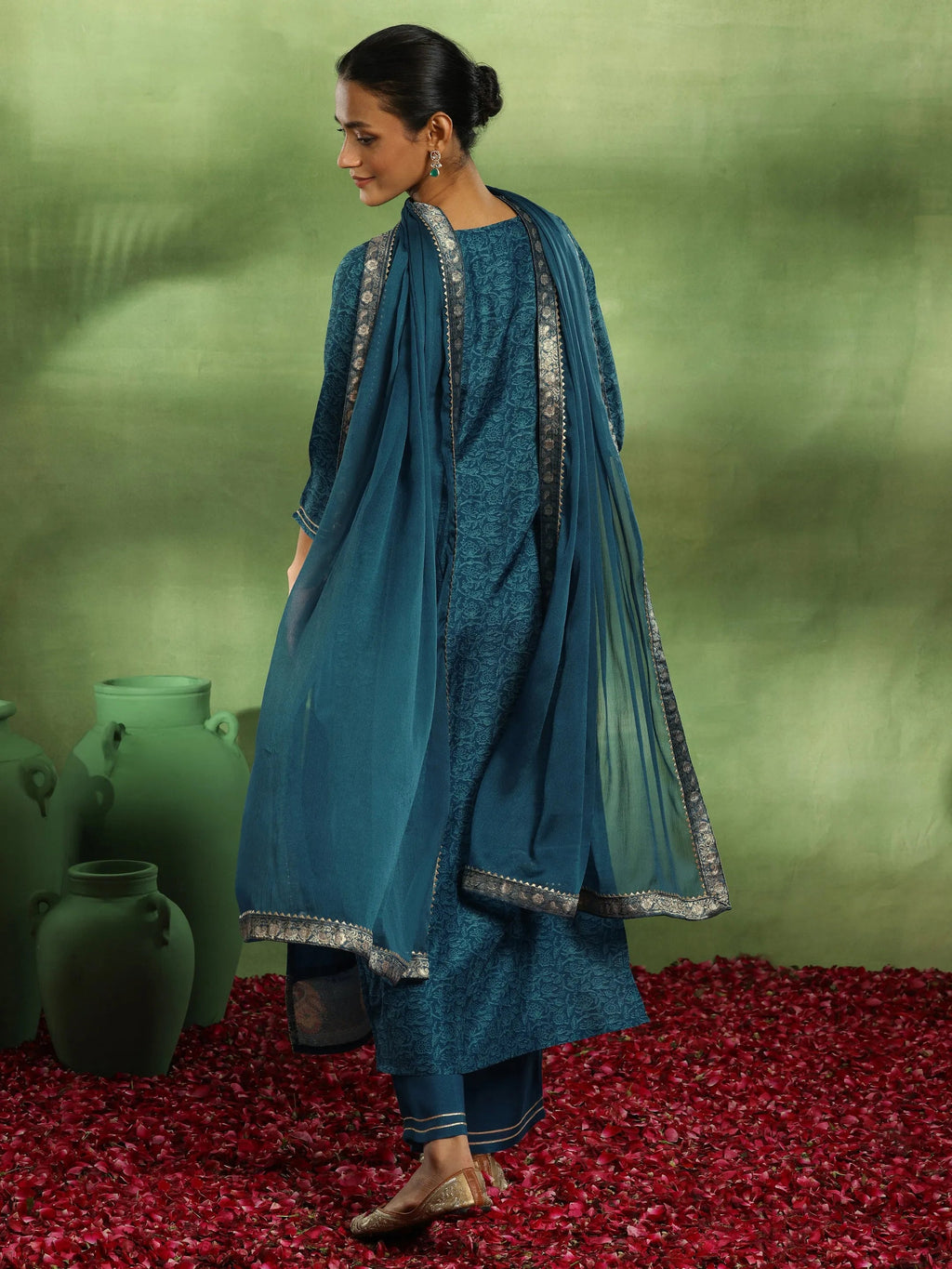 Blue Woven Design Silk Blend Straight Suit With Dupatta