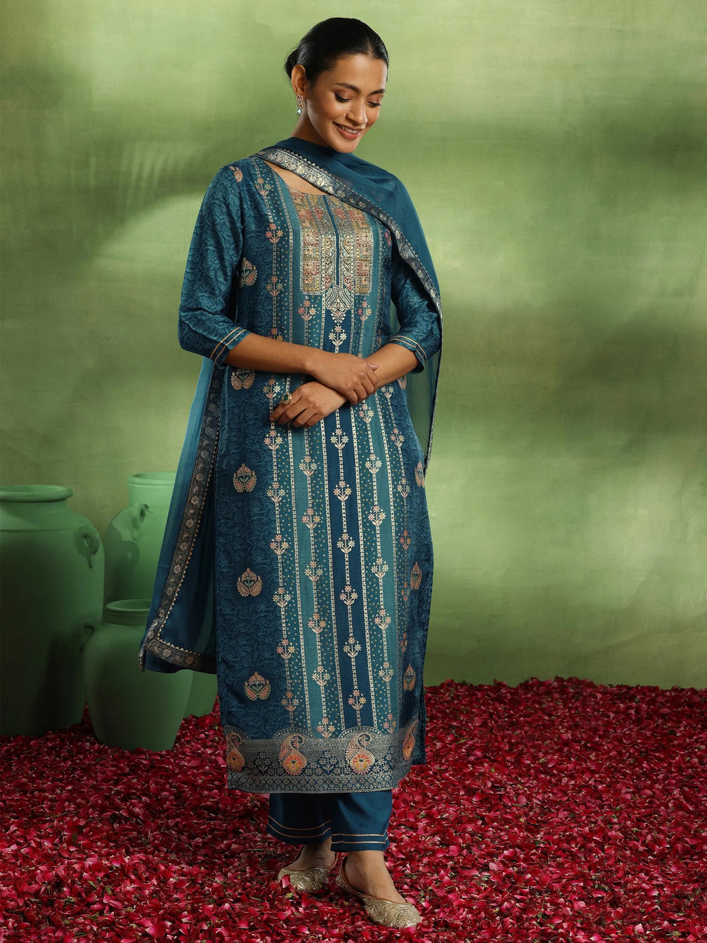 Blue Woven Design Silk Blend Straight Suit With Dupatta