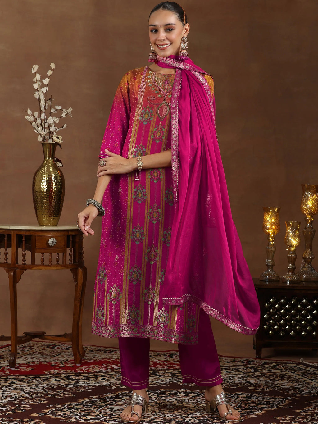 Pink Woven Design Silk Blend Straight Suit With Dupatta
