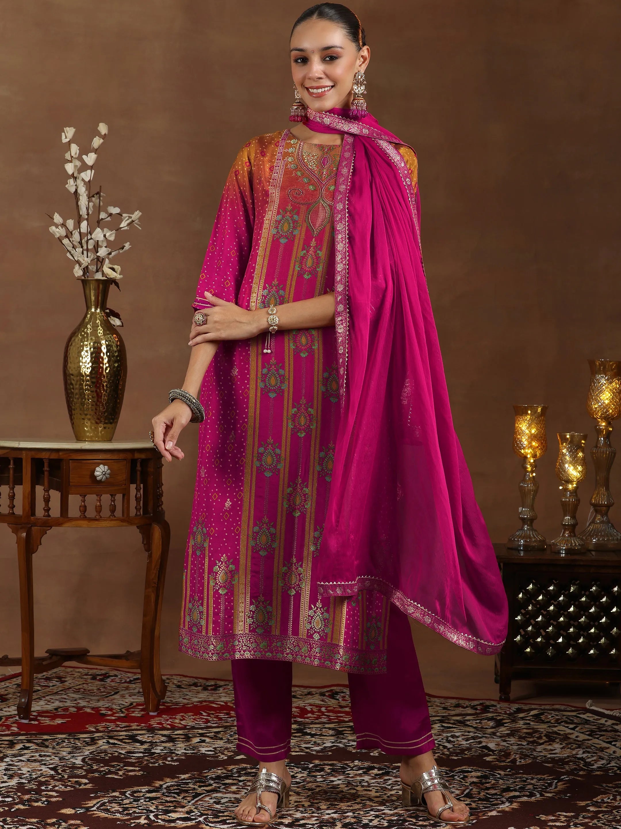 Pink Woven Design Silk Blend Straight Suit With Dupatta