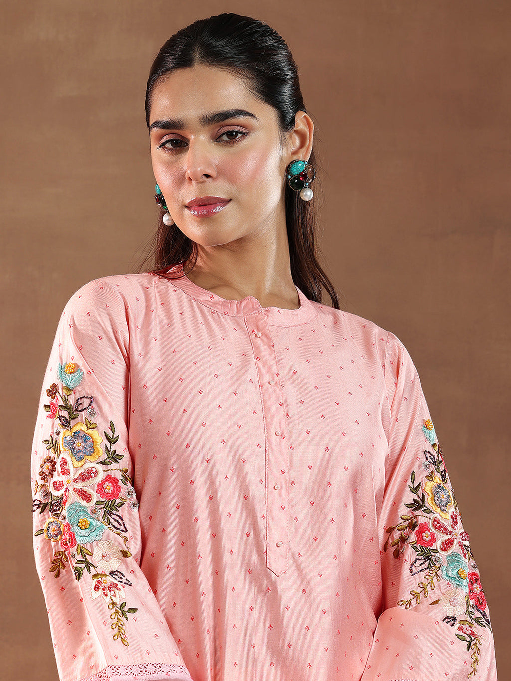 Pink Printed Silk Blend Straight Kurta Set