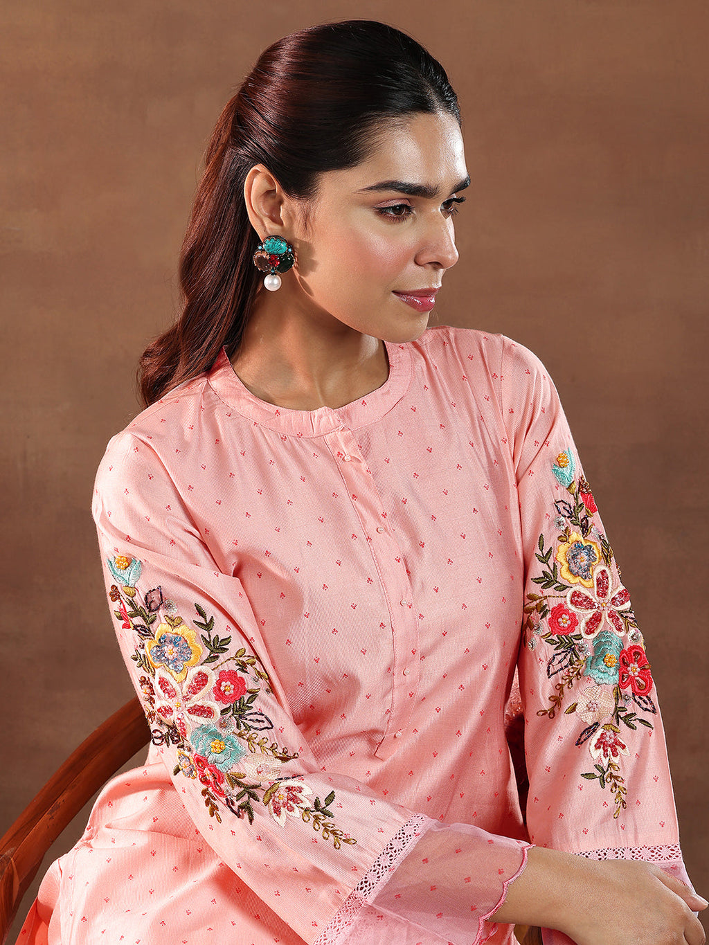 Pink Printed Silk Blend Straight Kurta Set