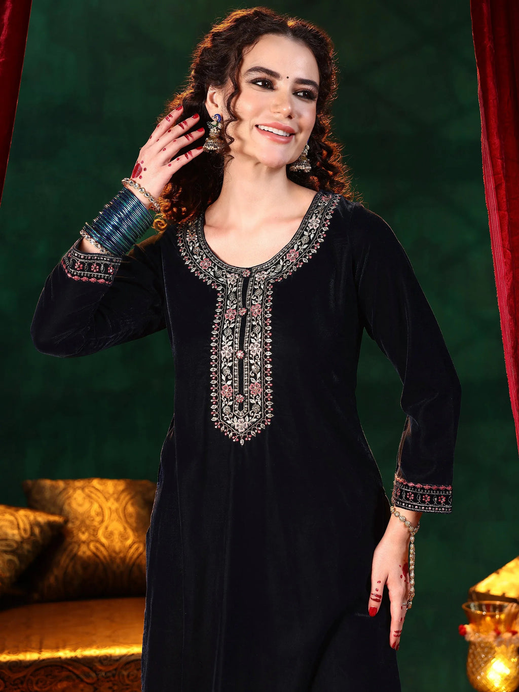 Blue Yoke Design Velvet Straight Suit With Dupatta