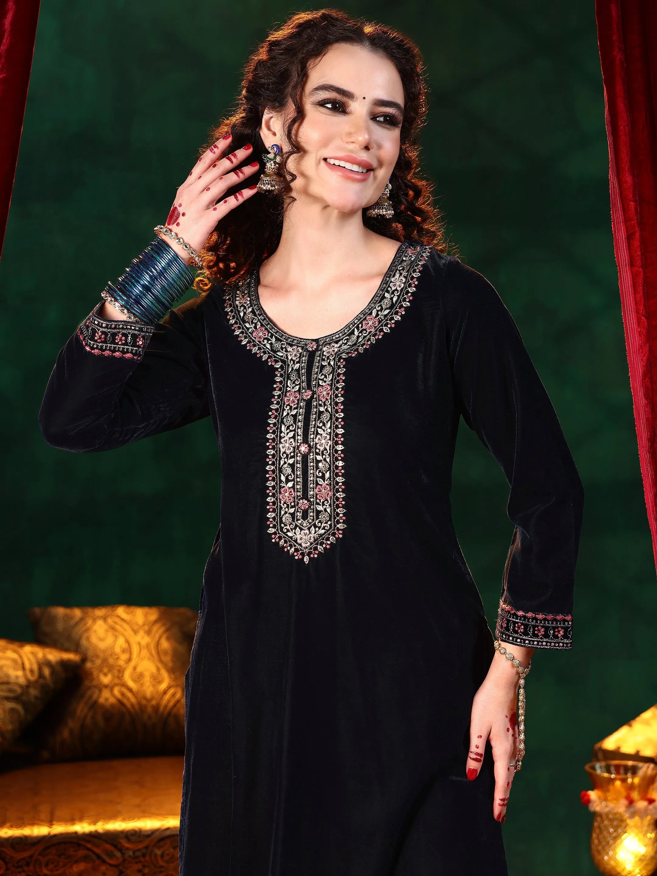 Blue Yoke Design Velvet Straight Suit With Dupatta