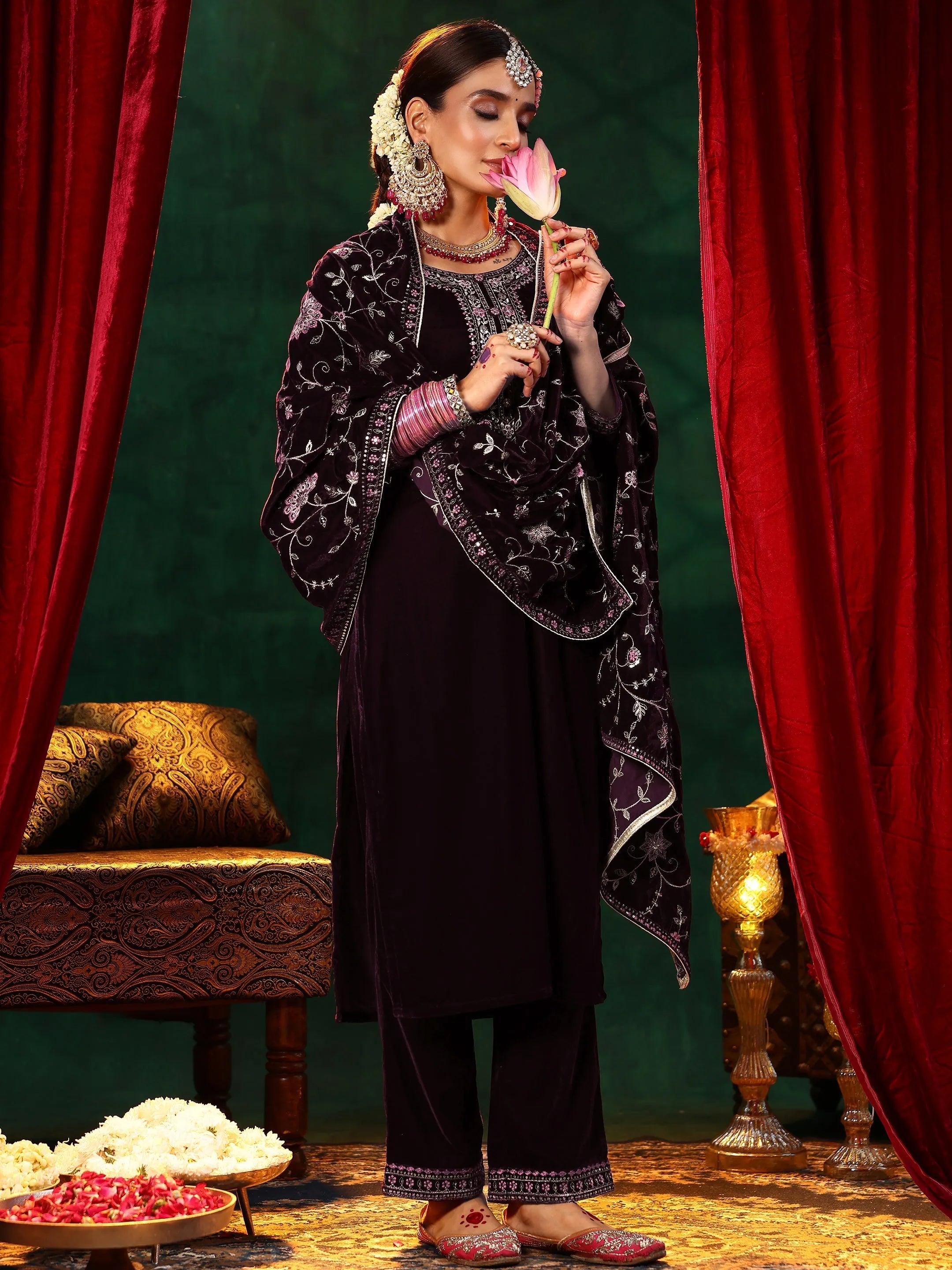 Burgundy Yoke Design Velvet Straight Suit With Dupatta