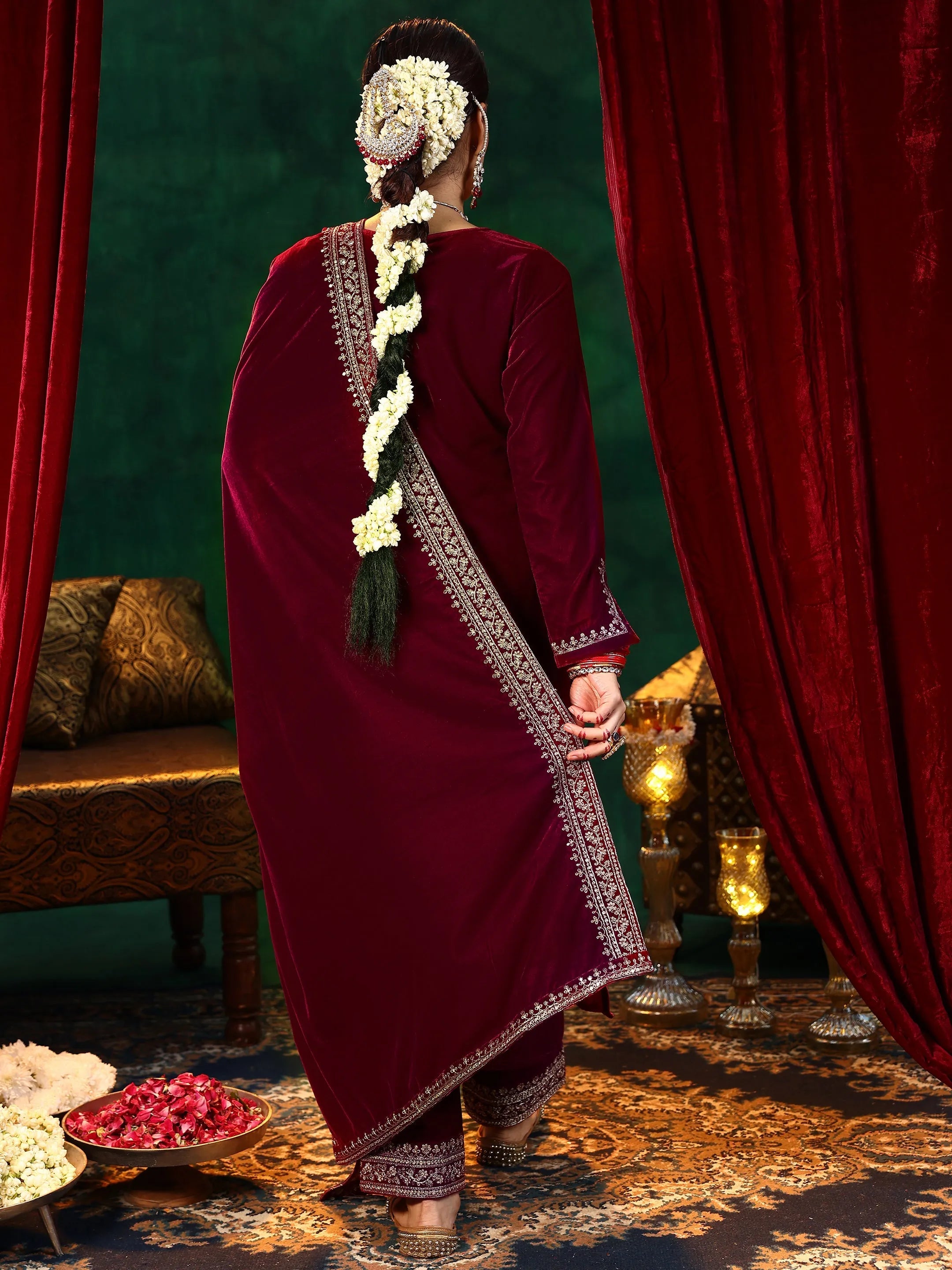 Maroon Yoke Design Velvet Straight Suit With Dupatta