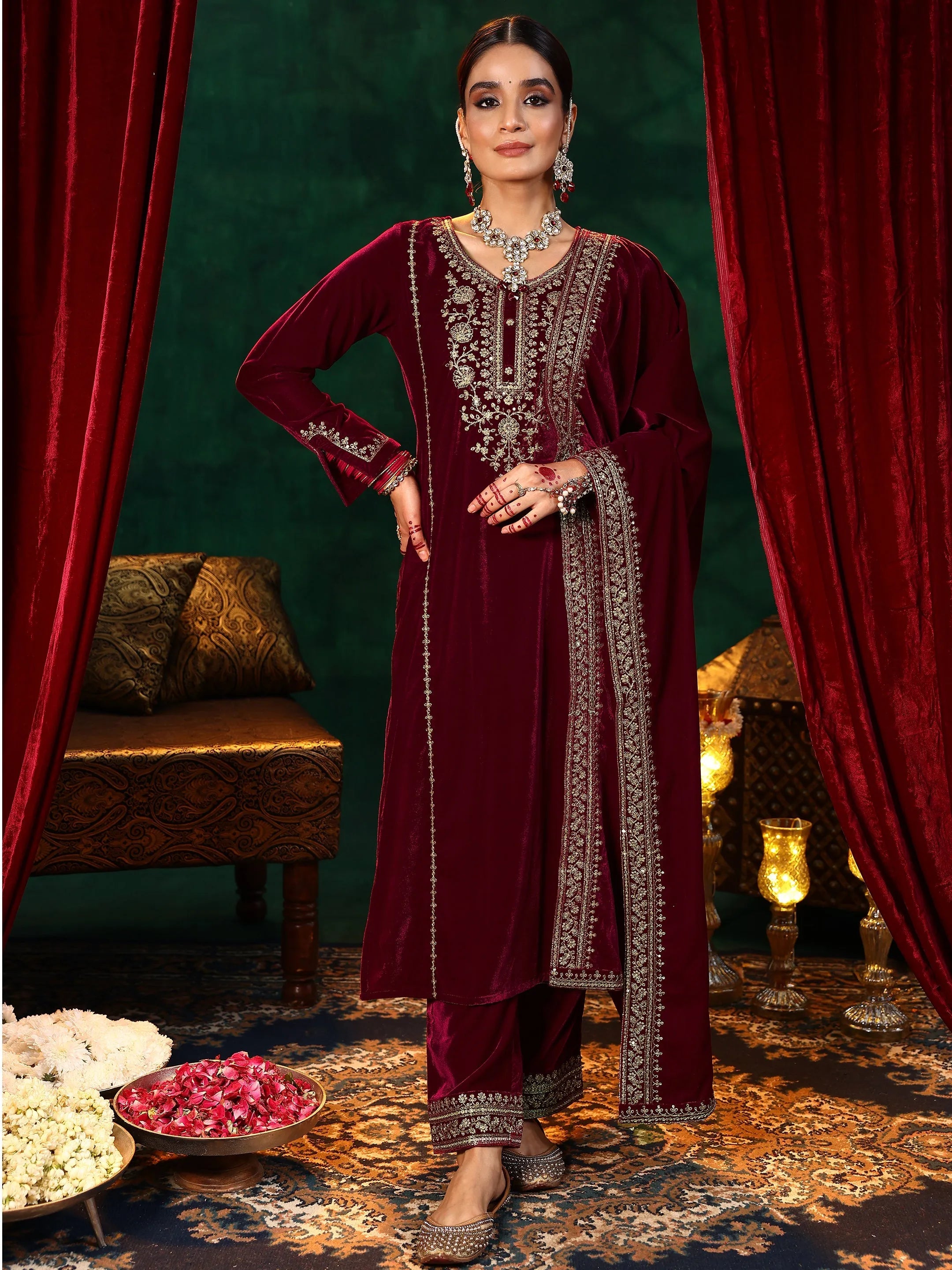 Maroon Yoke Design Velvet Straight Suit With Dupatta